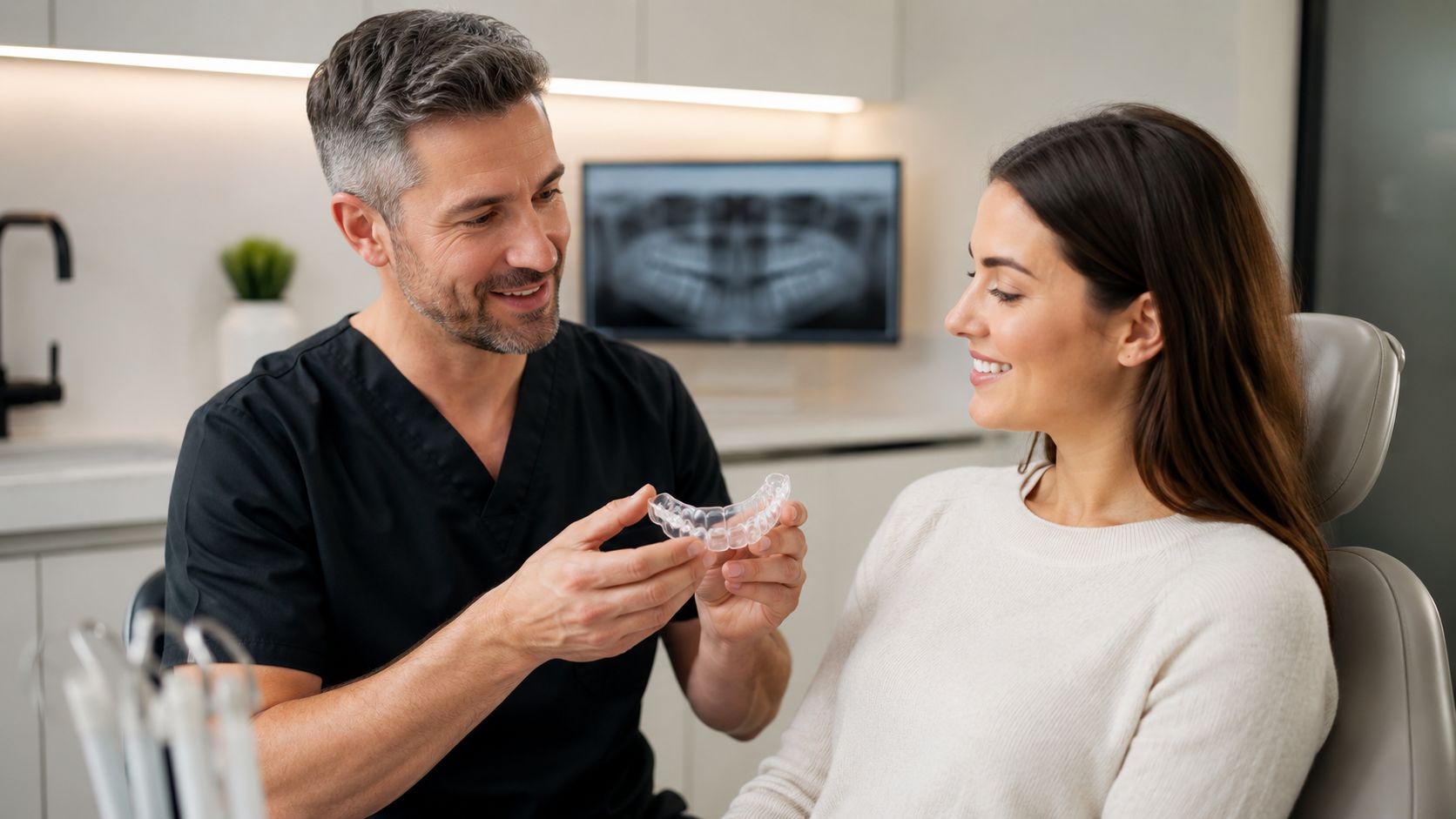 A professional dentist presenting a clear teeth aligner to a smiling female patient during a dental consultation.