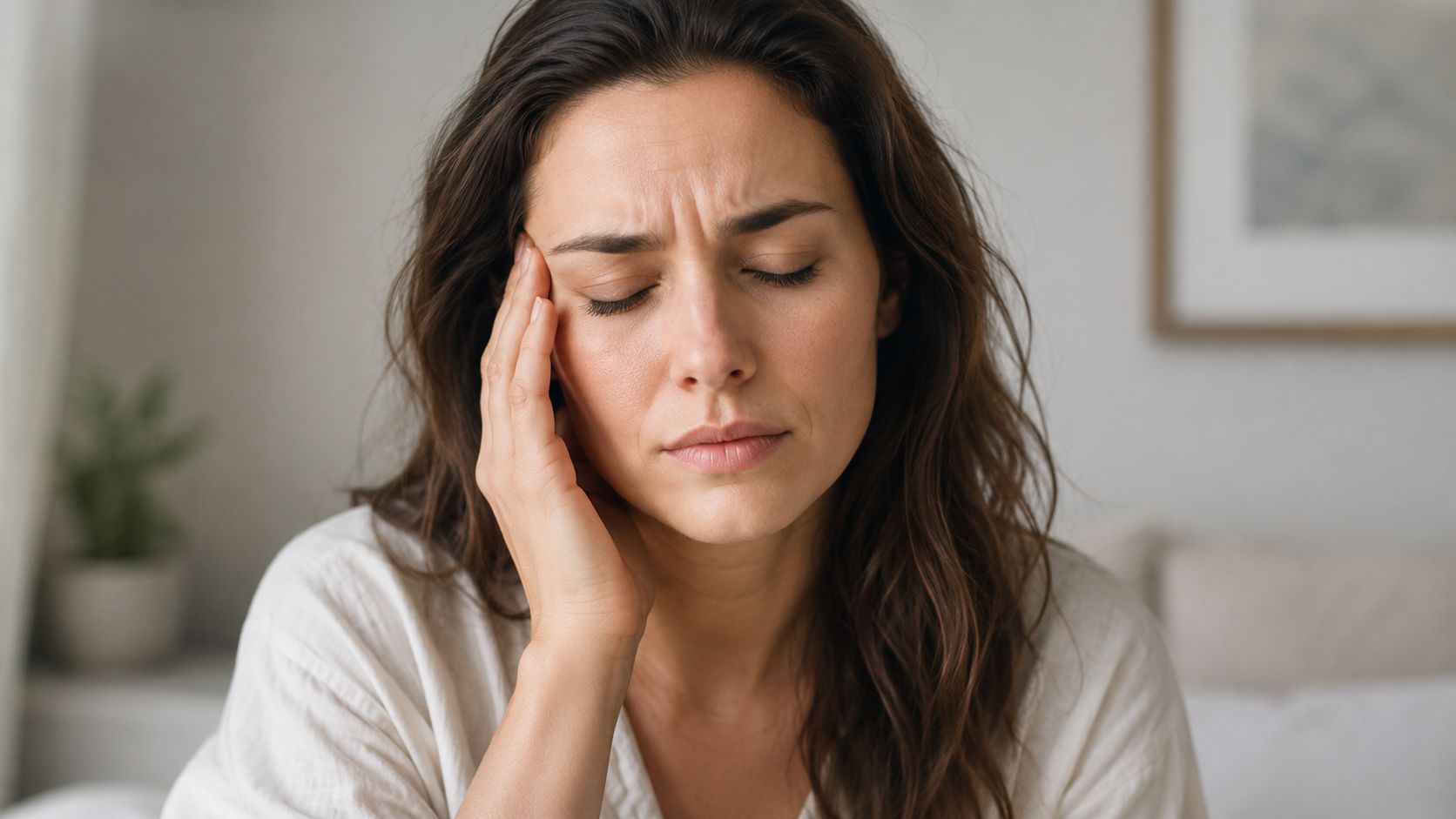 A young woman appearing to be in pain while holding her head, suggesting a migraine or headache.