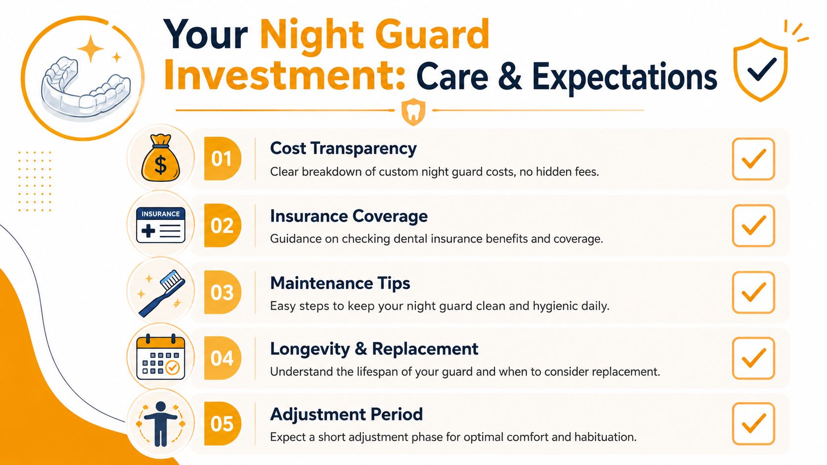 A professional infographic outlining five essential care and expectation tips for custom dental night guards.