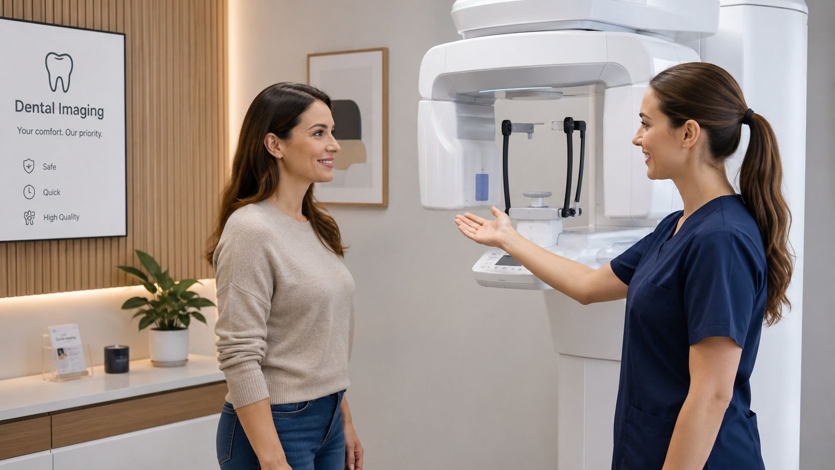 A professional dental assistant explains the panoramic dental X-ray imaging machine to a patient in a clinic.