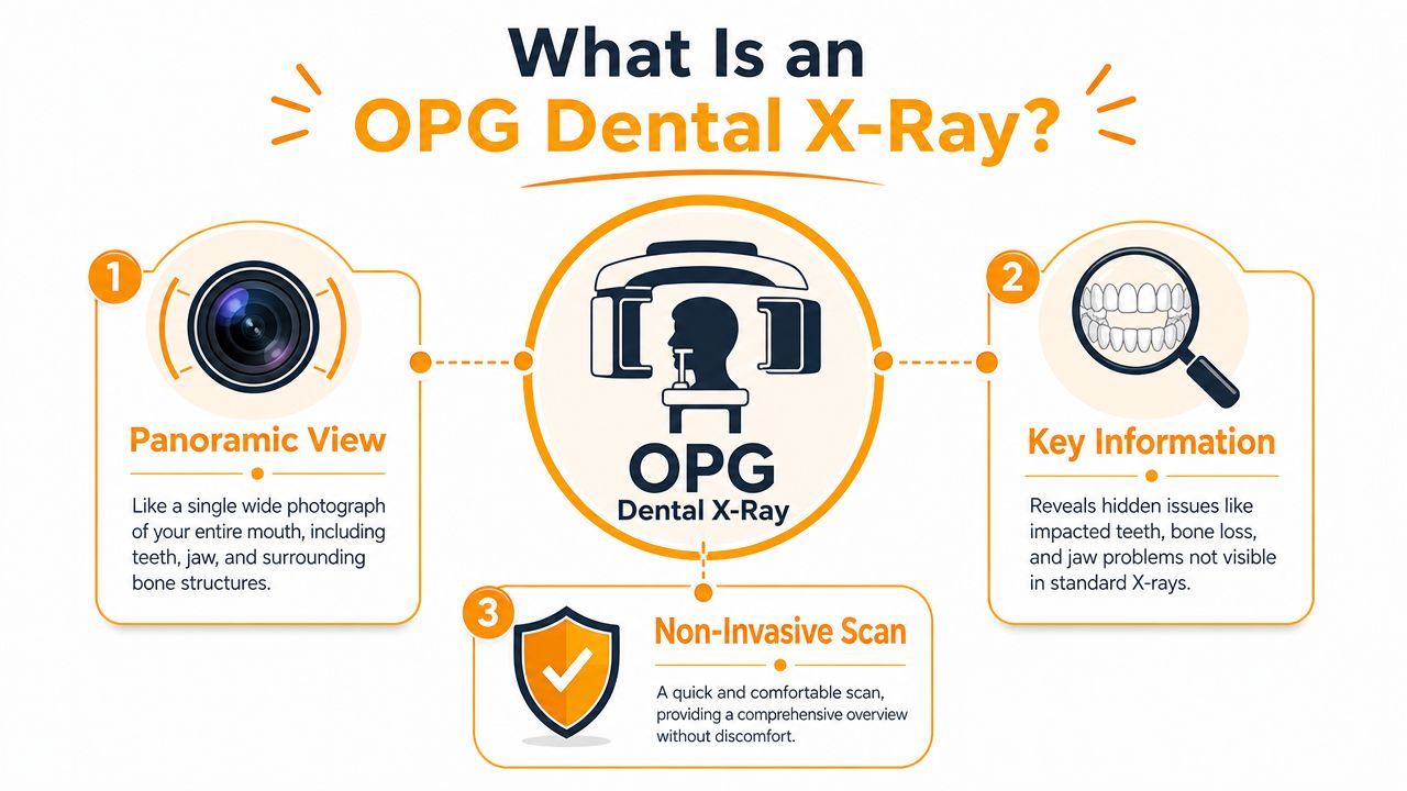 An infographic explaining the benefits and features of an OPG dental X-ray, including panoramic views and scans.