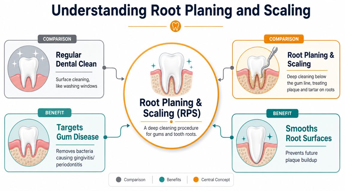 An infographic explaining the differences between a regular dental cleaning and root planing and scaling procedures.