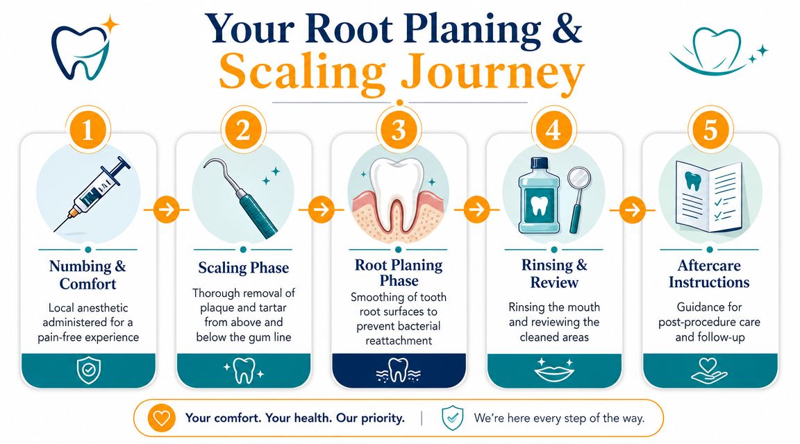 A five-step infographic detailing the root planing and scaling dental procedure process from numbing to aftercare.