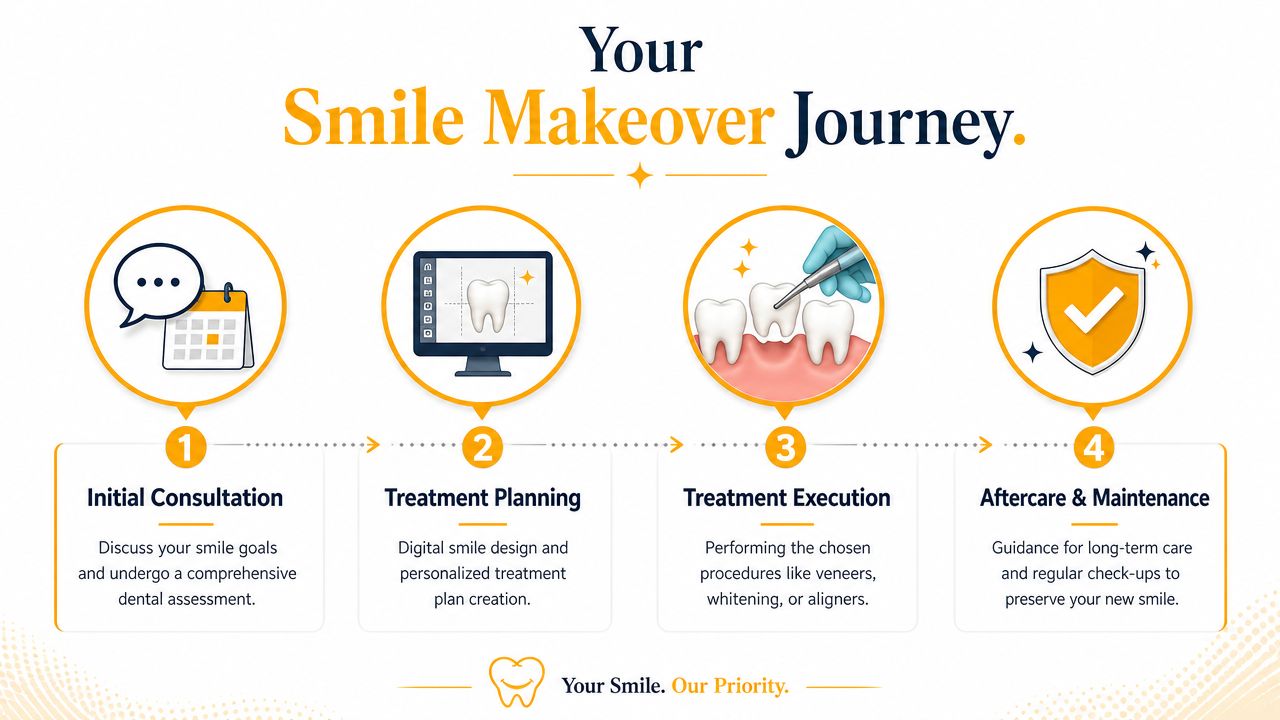 A four-step infographic illustrating the professional dental process for achieving a personalized smile makeover.