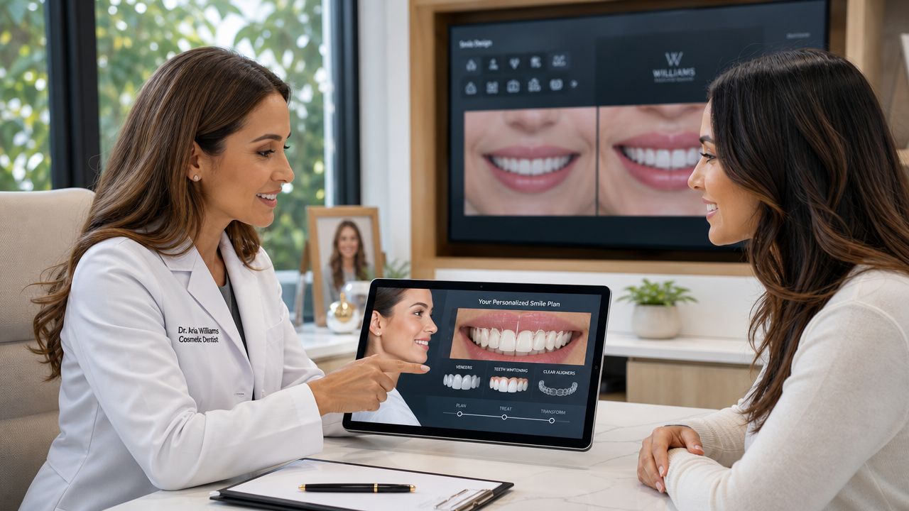 A female cosmetic dentist discussing a personalized smile makeover plan with a patient on a digital tablet.