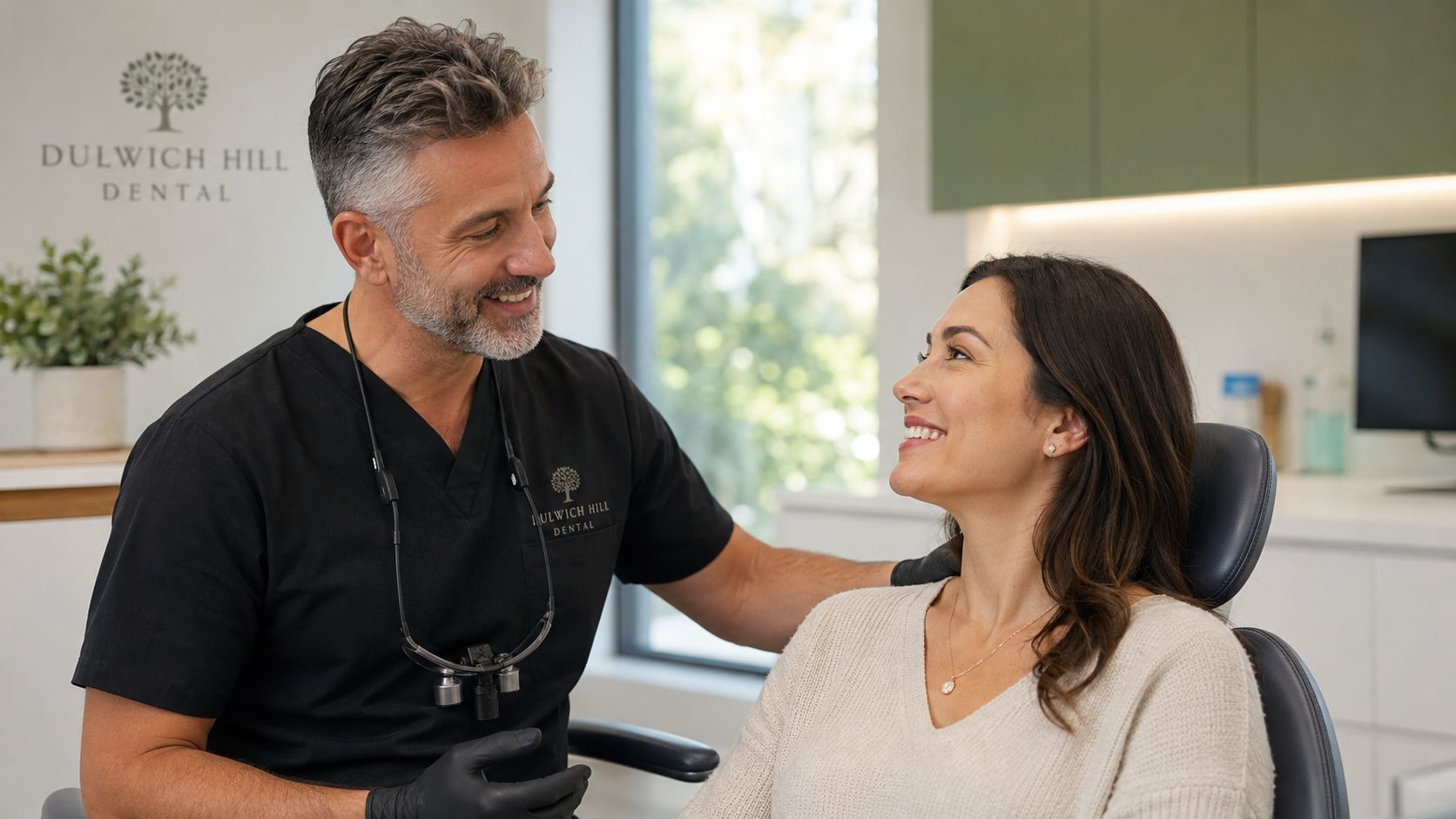 A friendly male dentist in black scrubs consults with a smiling female patient at a dental clinic.