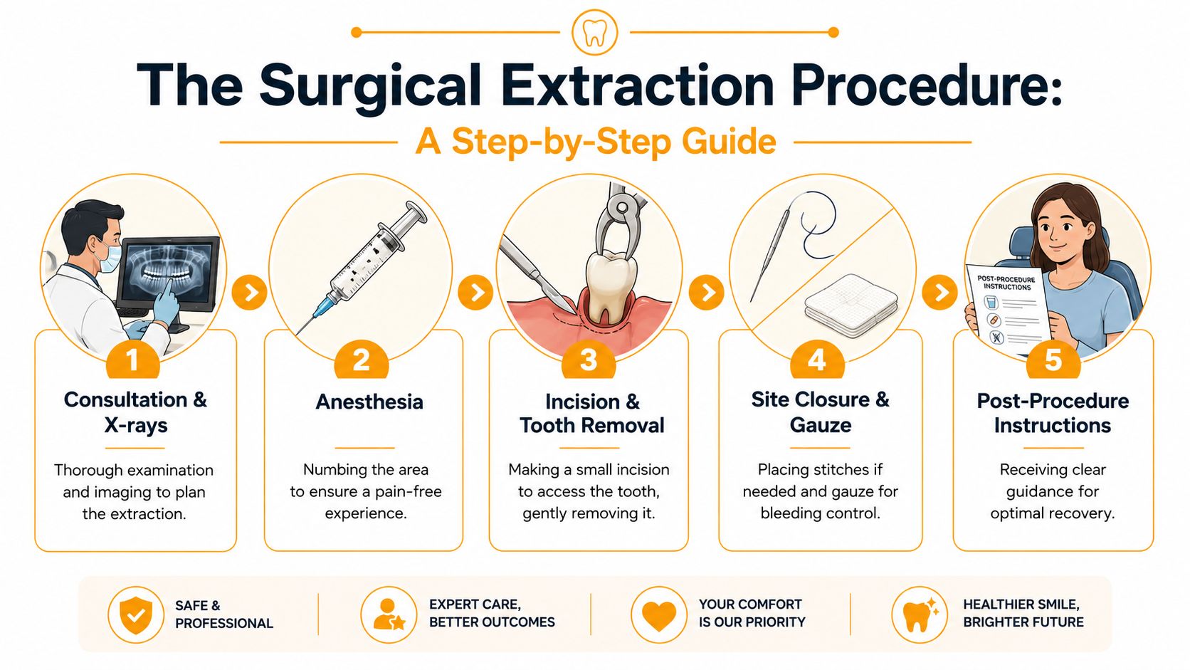 A step-by-step infographic illustrating the professional surgical tooth extraction procedure from consultation to post-procedure instructions.