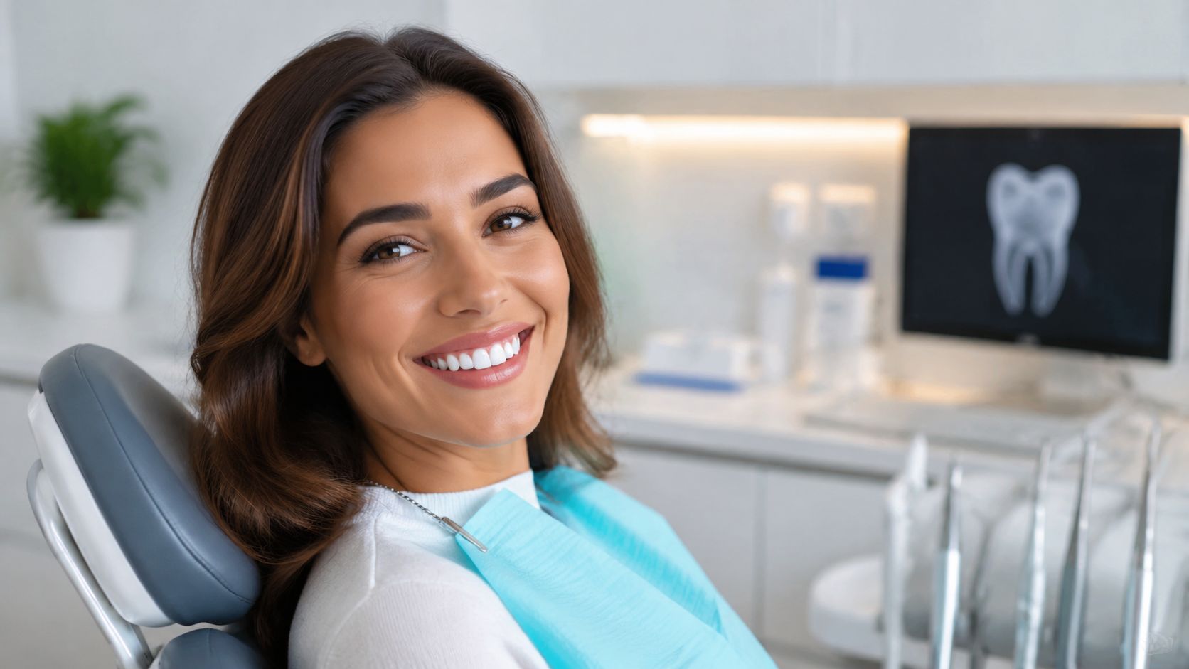 A smiling woman sitting in a dental chair at a modern clinic, preparing for a professional teeth whitening.