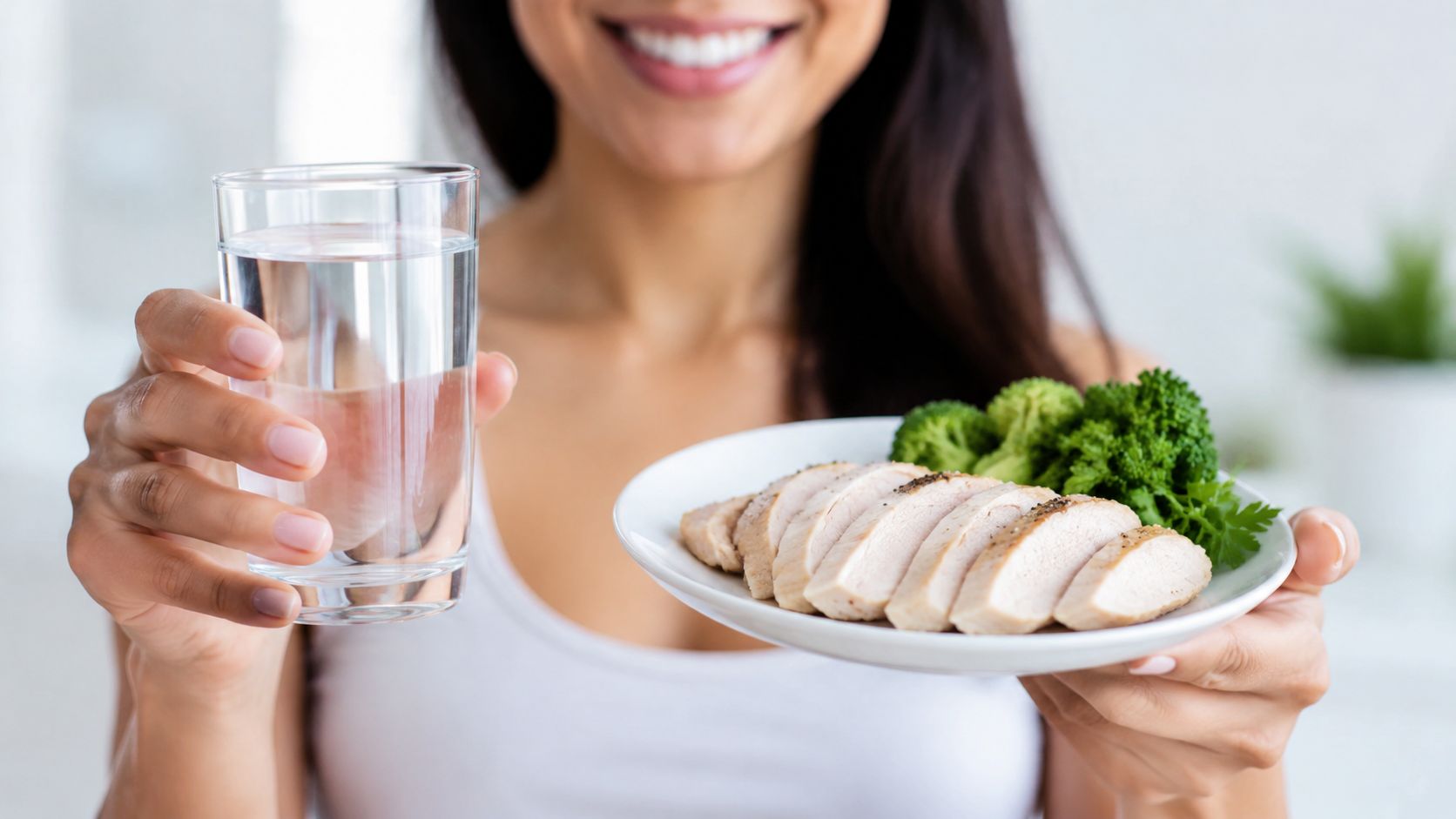 A smiling woman holding a glass of water and a plate of grilled chicken and broccoli.