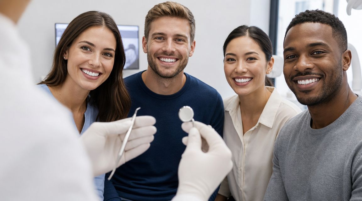 A dentist shows tools to a diverse group of smiling people during a professional consultation session.