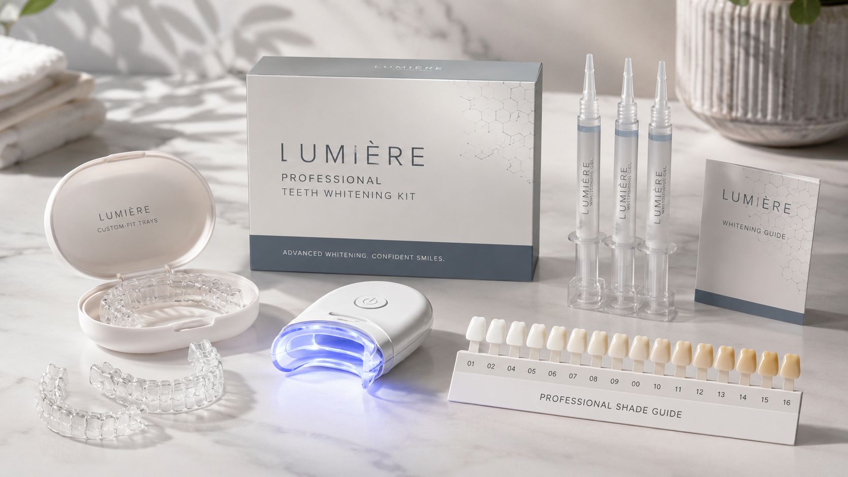 A professional teeth whitening kit including a light device, whitening gel syringes, trays, and a shade guide.