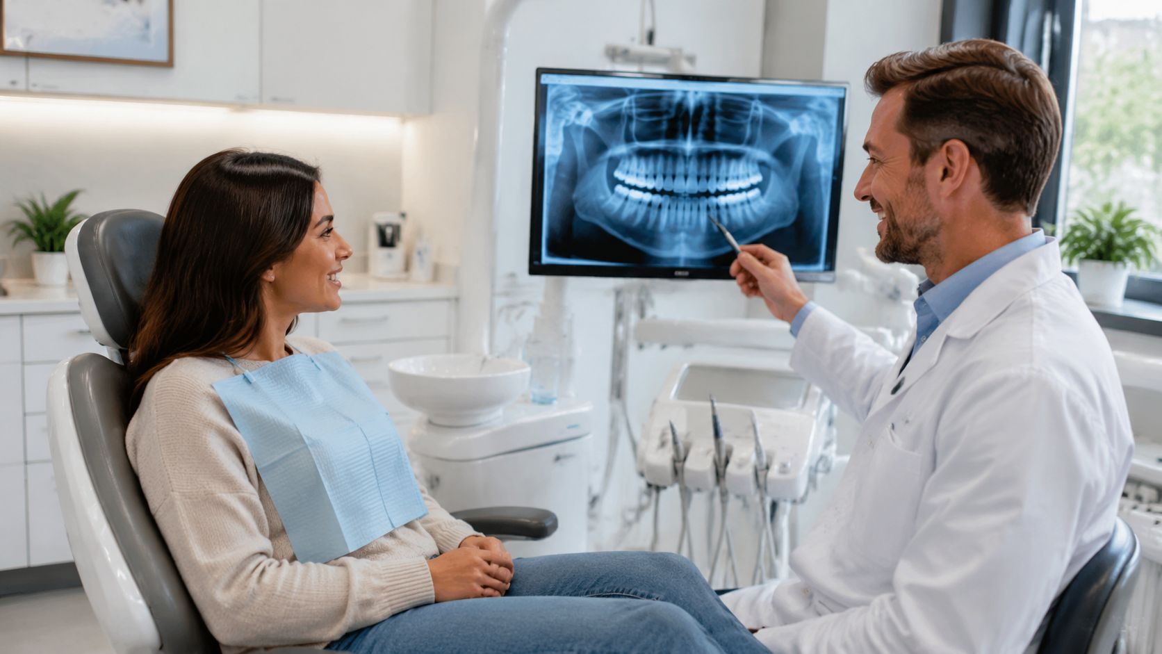 A professional dentist discussing a panoramic dental X-ray with a smiling female patient in a modern dental office.