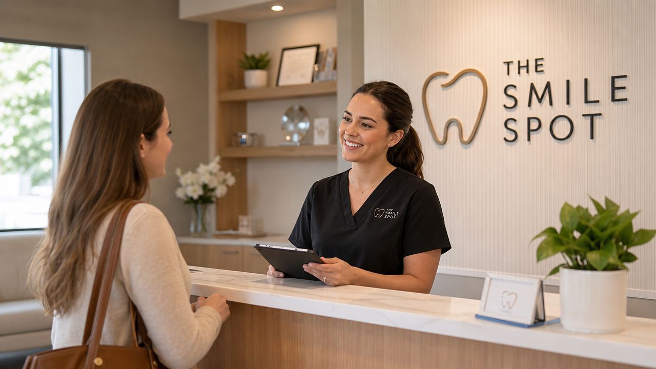 A friendly receptionist in black scrubs assisting a patient at a modern dental office front desk.