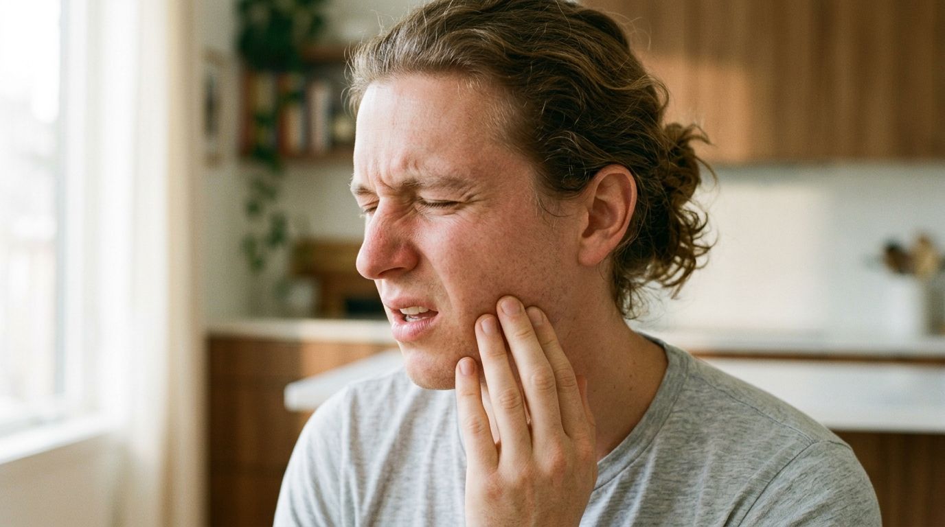 A young man with wavy hair holding his cheek in pain while suffering from a toothache.