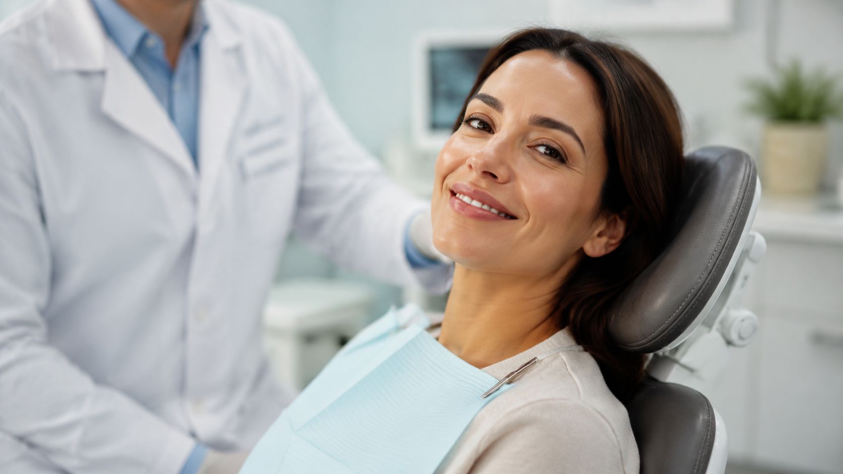 A smiling female patient sitting comfortably in a dental chair during a consultation at a clinic.