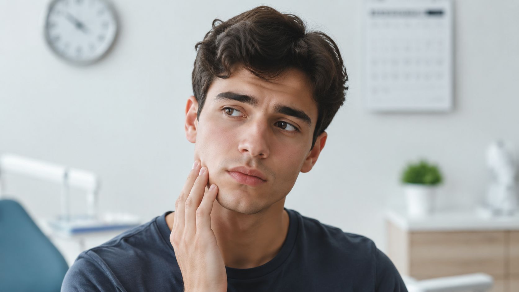 A young man sitting in a dental office touching his jaw due to tooth pain or discomfort.