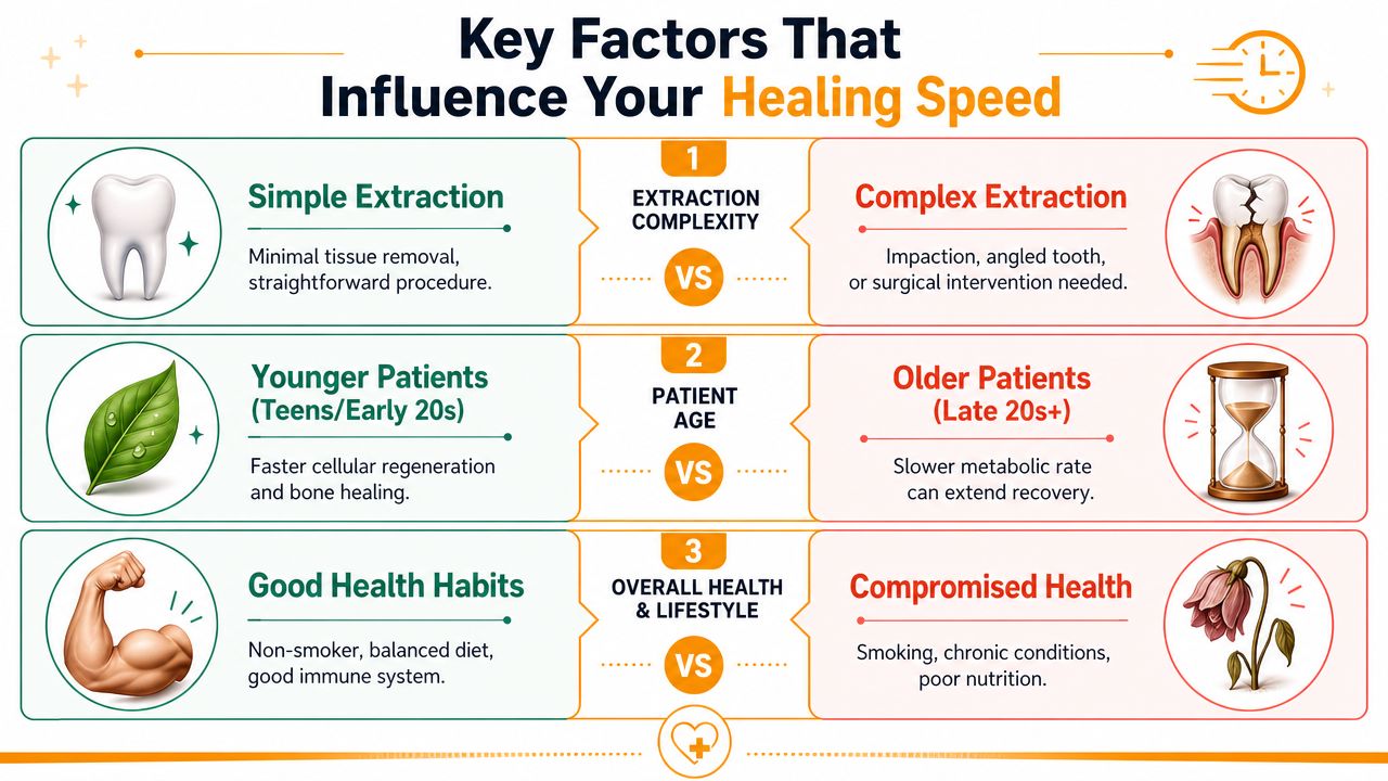 An infographic detailing three key factors that influence healing speed after wisdom tooth extraction procedures.