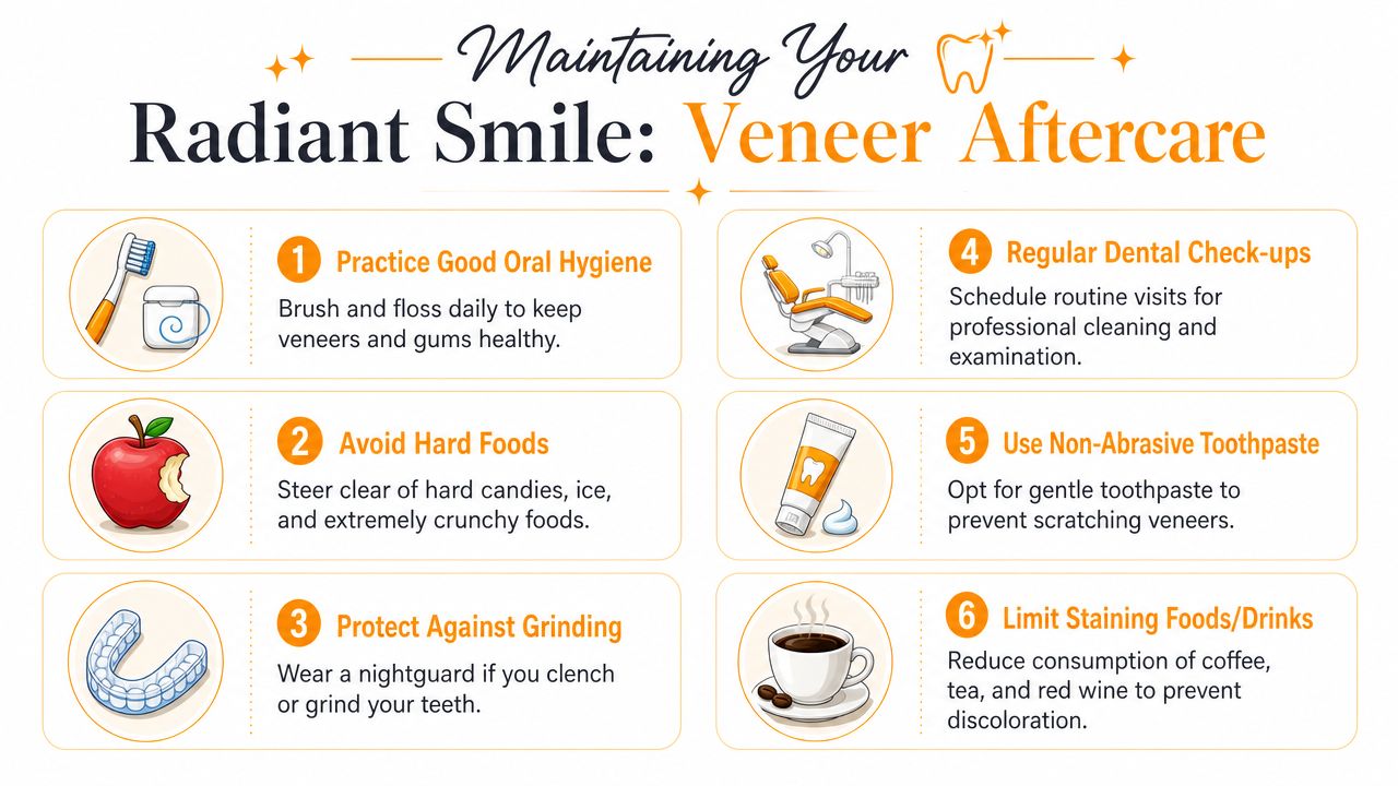 A helpful infographic outlining six essential tips for maintaining dental veneers, including hygiene, diet, and protection.