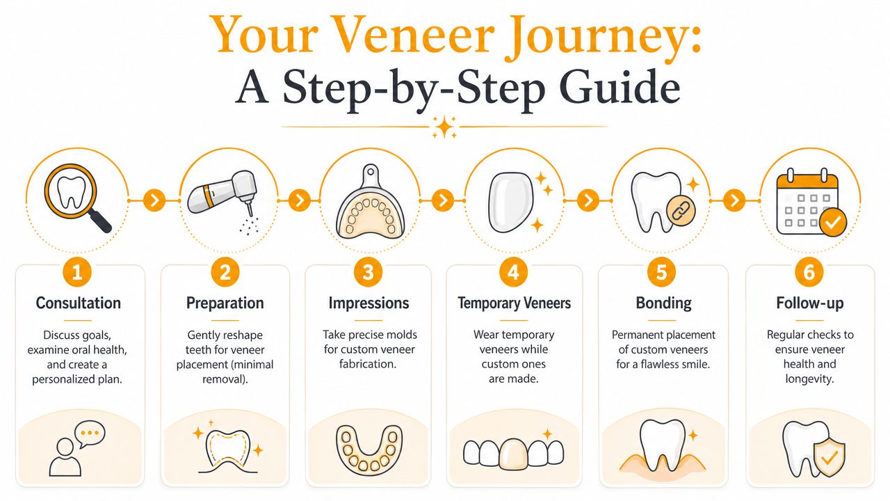 A step-by-step infographic illustrating the six-stage professional dental veneer journey from consultation to final follow-up.