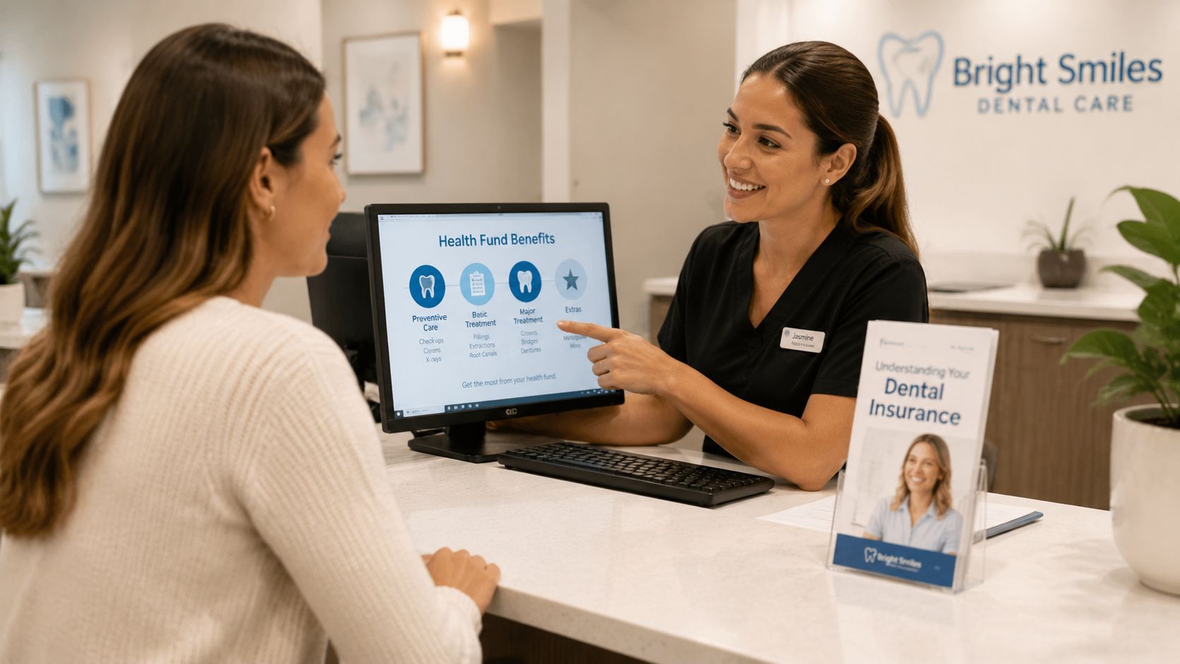 A friendly dental receptionist explains health fund benefits and dental treatment options to a patient at a desk.