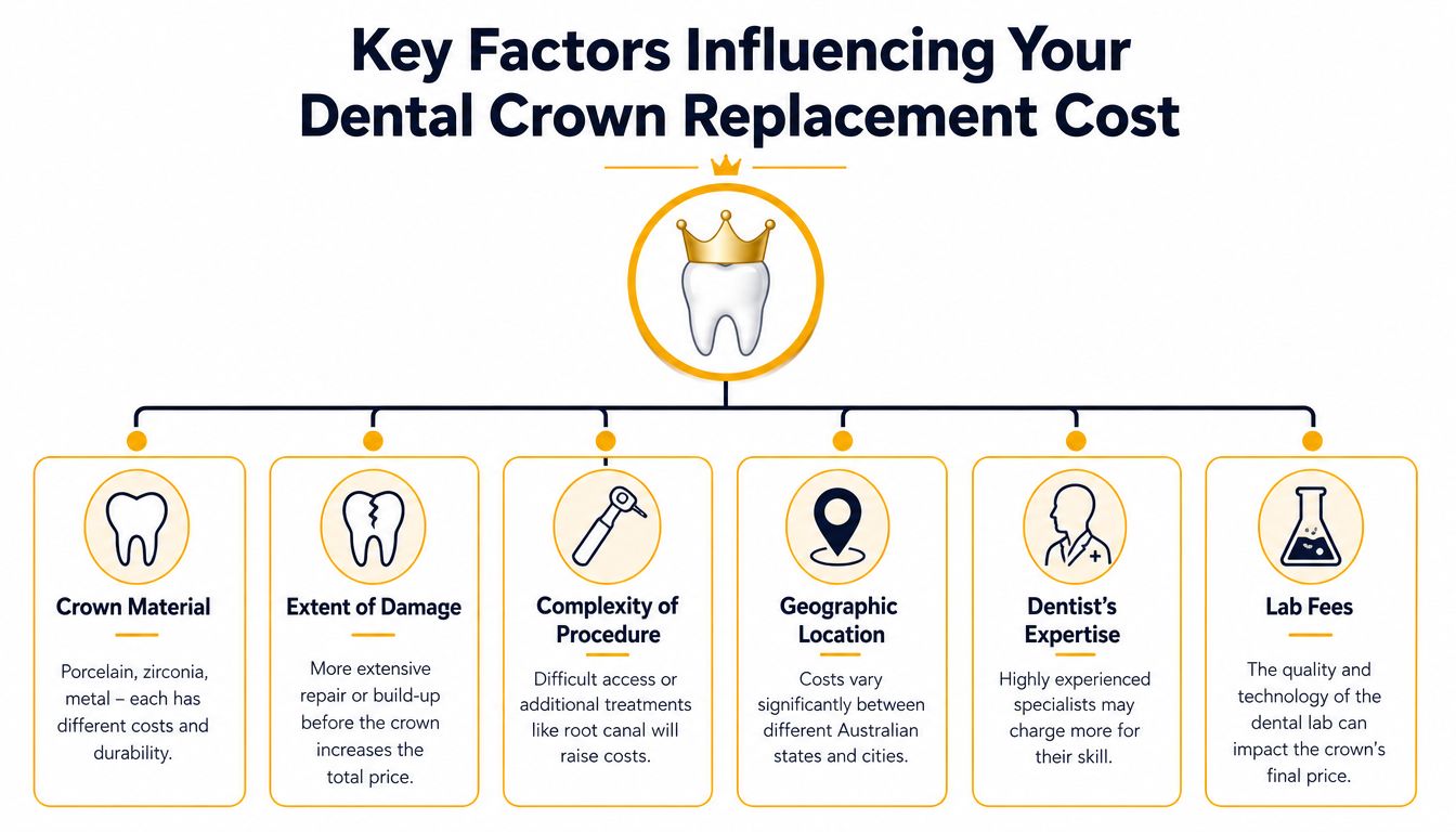 An infographic showing six key factors that influence the cost of a dental crown replacement procedure.