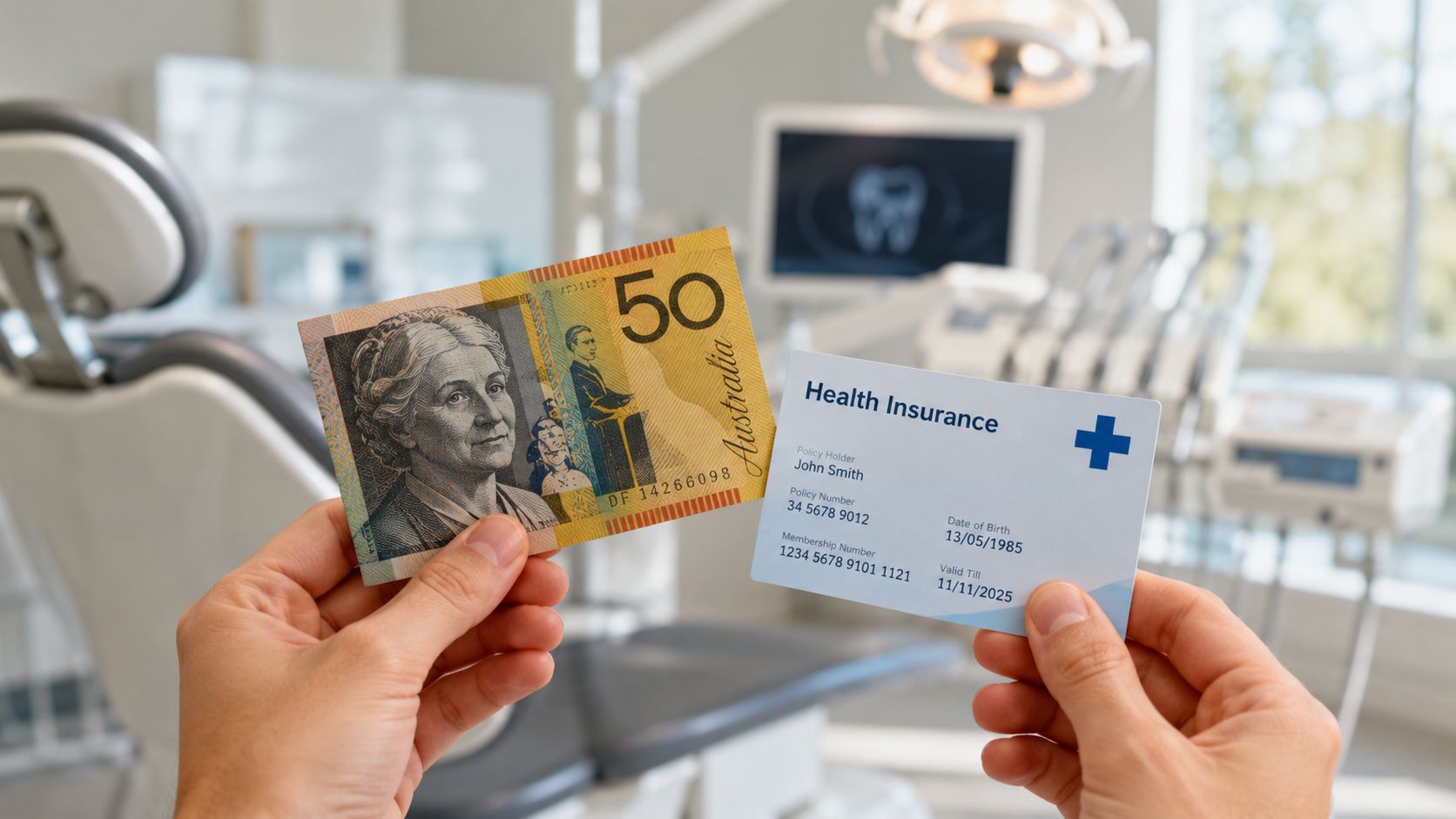 A person holding an Australian fifty dollar note and a health insurance card in a dental office.