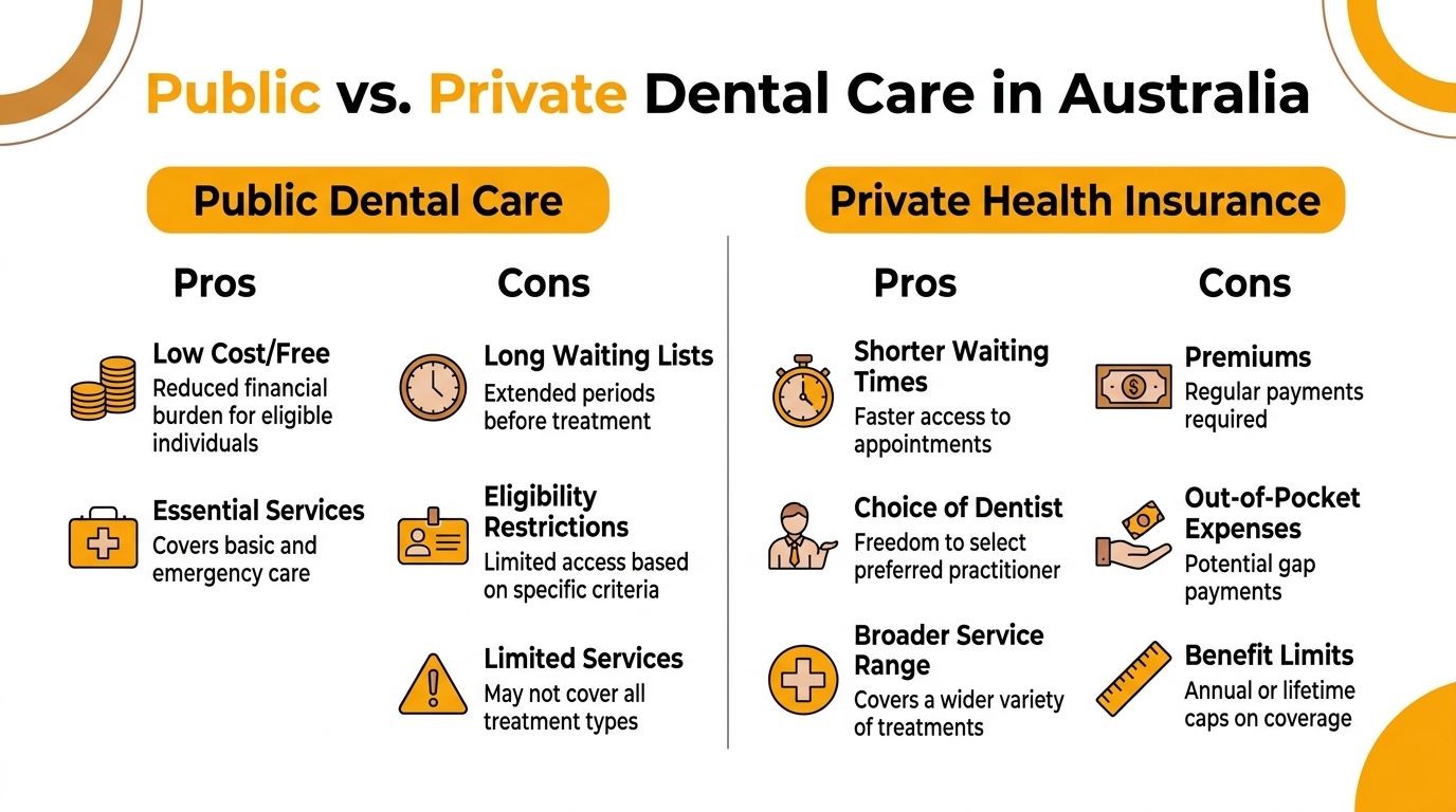 A comparison infographic showing pros and cons of public versus private dental care in Australia.