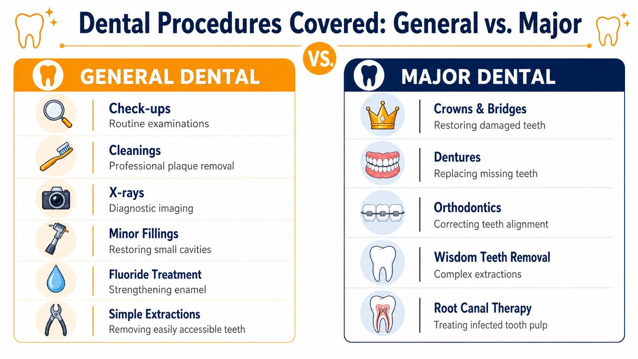 An infographic comparing general dental procedures like cleanings with major dental treatments such as crowns and dentures.