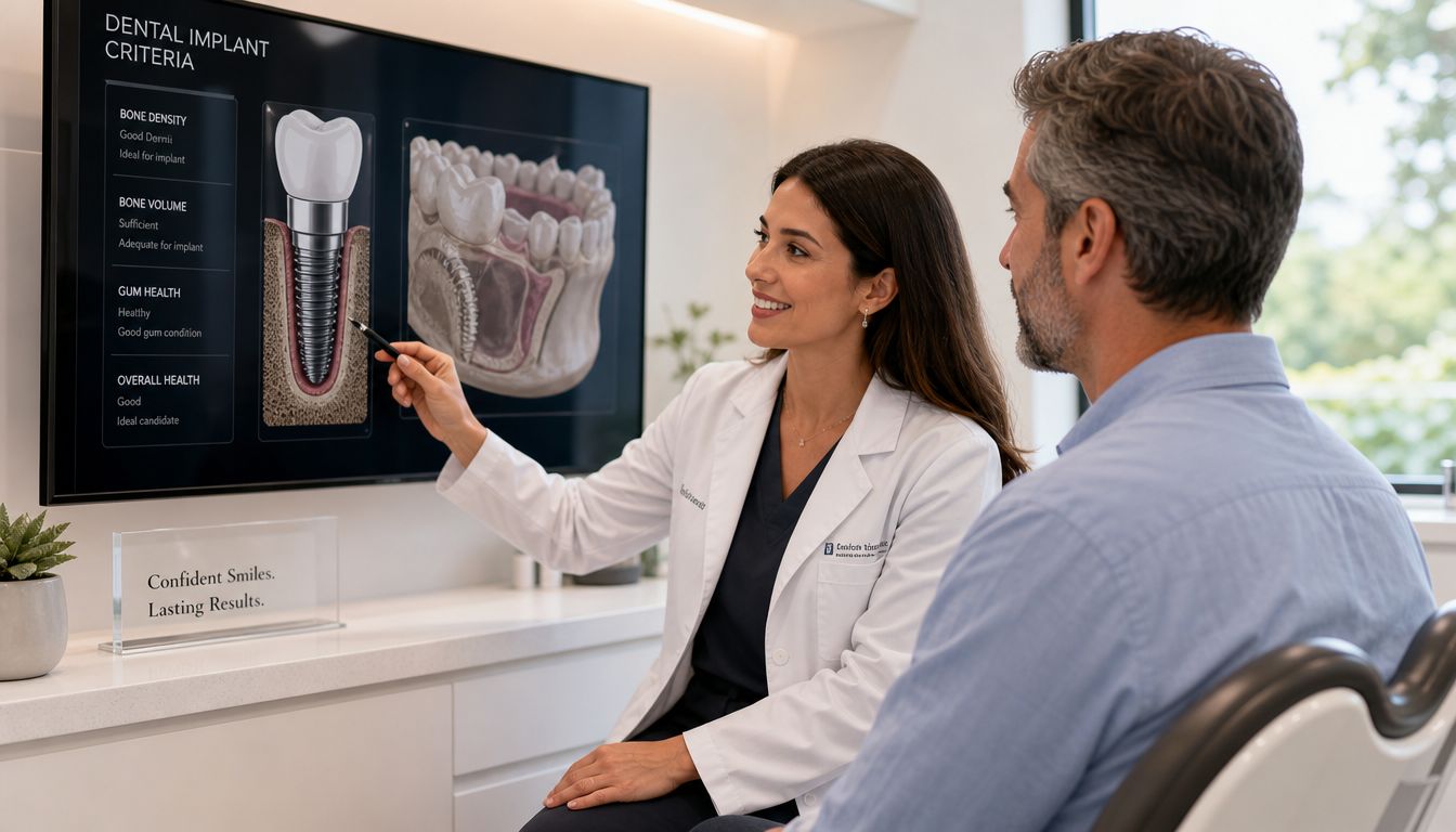 A female dentist explains dental implant criteria to a male patient using a digital presentation screen.