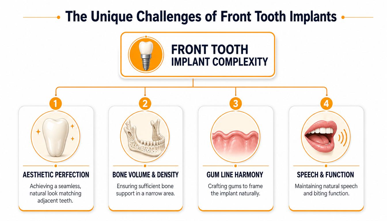 An infographic detailing the four main challenges associated with replacing missing front teeth using dental implants.