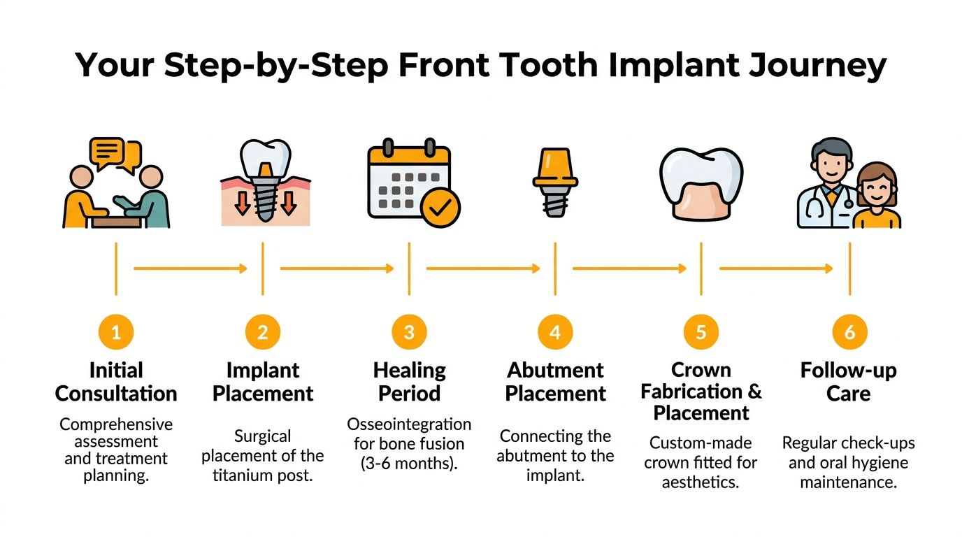 A six-step infographic detailing the process of getting a front tooth dental implant from consultation to follow-up.