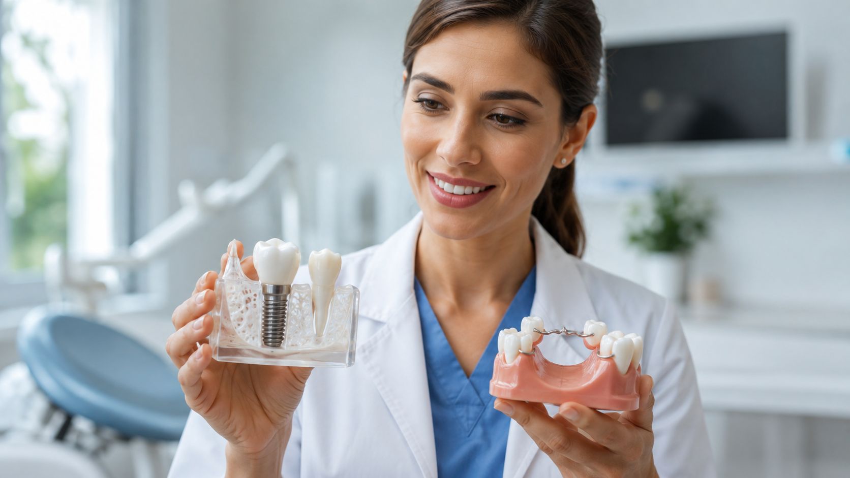 A professional dentist holding dental implant and partial denture models to explain restorative treatment options to patients.