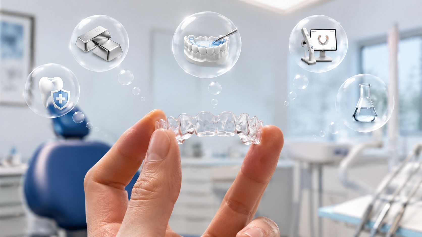 A hand holding a clear dental aligner with surrounding bubbles depicting various dental and medical technology concepts.