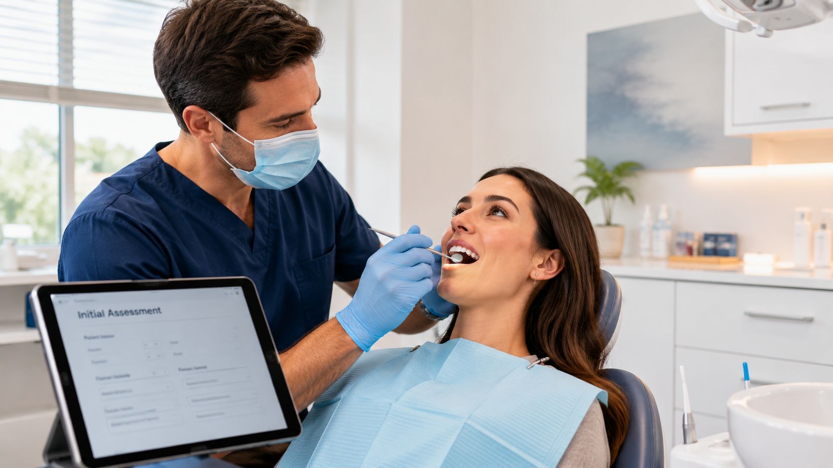 A male dentist in blue scrubs examining a patient's teeth in a modern dental office setting.