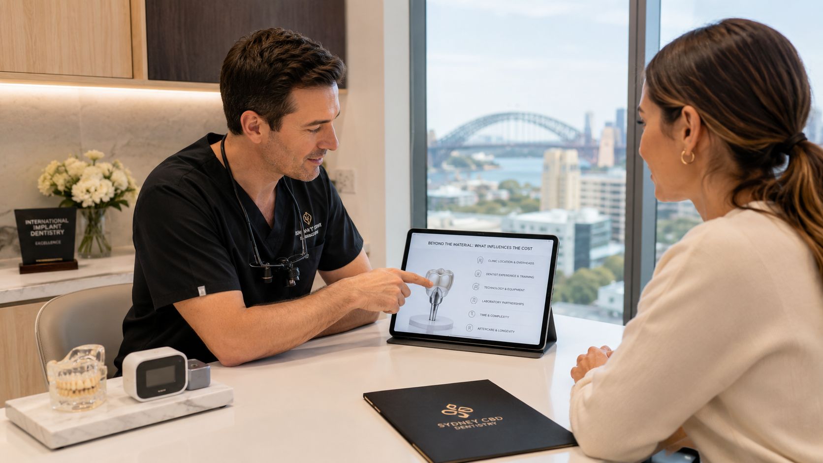 A dentist discussing dental implant costs with a patient in a modern office overlooking Sydney Harbor Bridge.