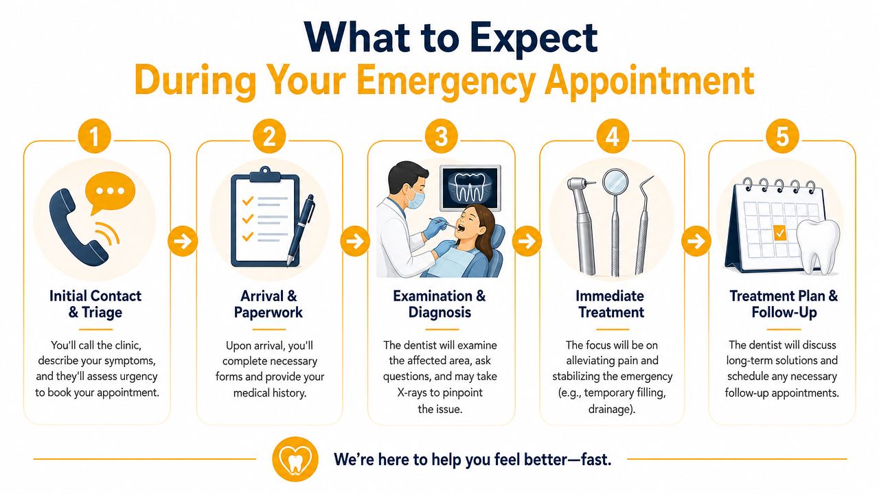 A flowchart showing the five-step process of visiting an emergency dentist for urgent dental care and treatment.