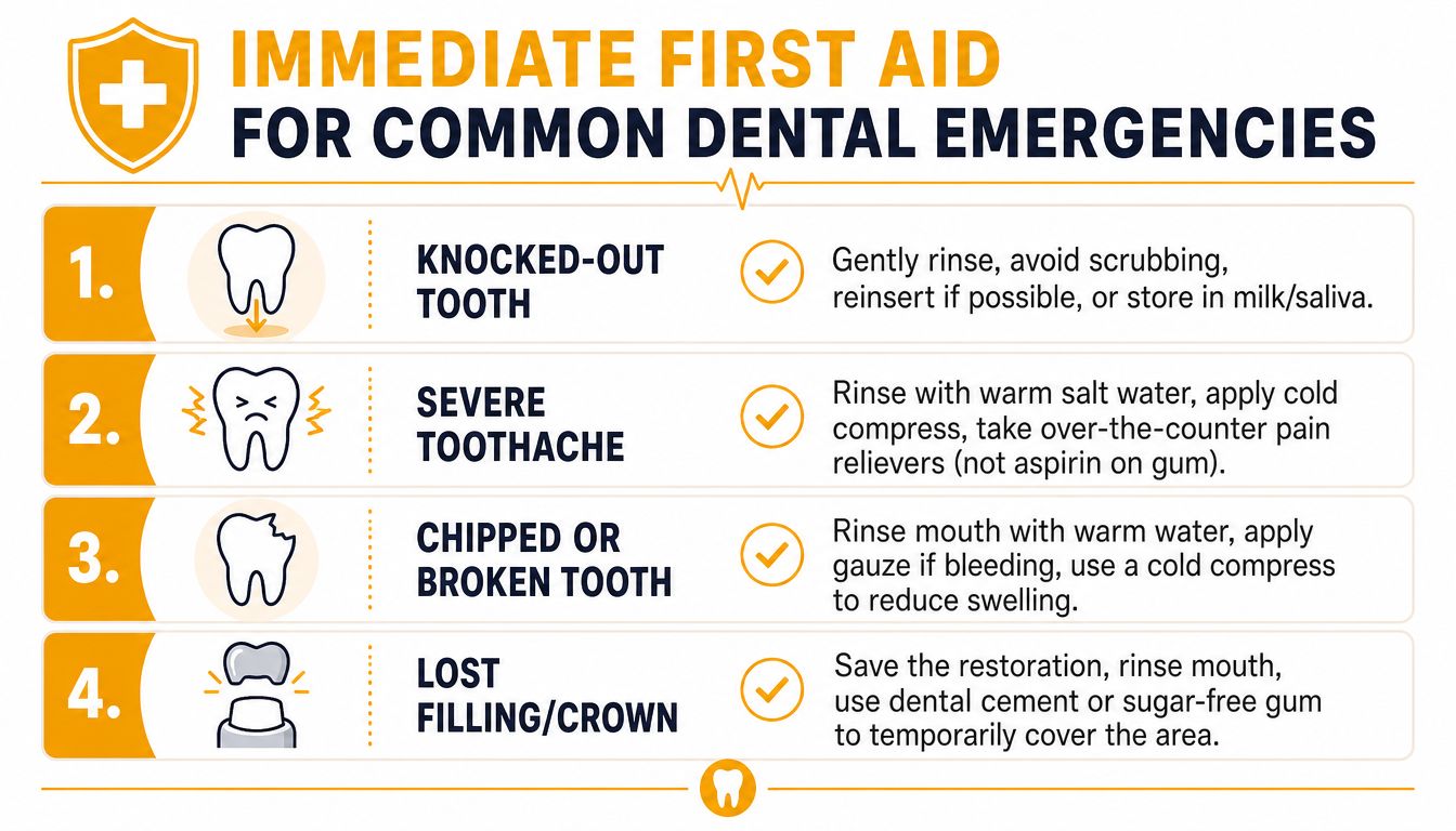 A first aid infographic outlining immediate care steps for common dental emergencies like toothaches and lost crowns.