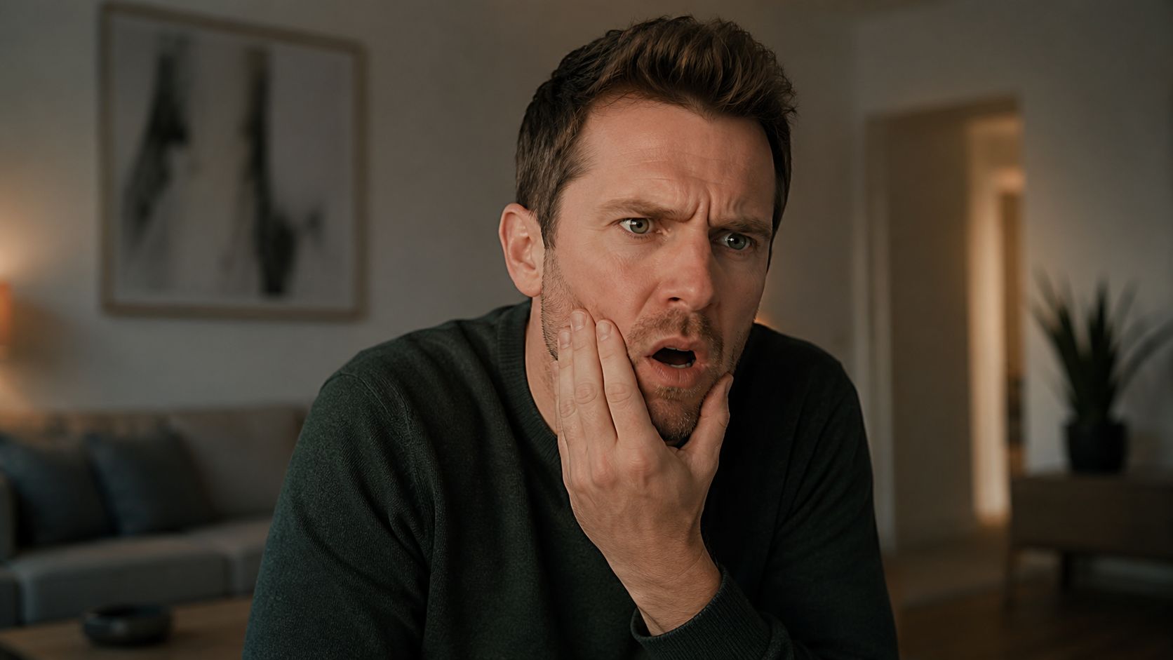 A concerned man sitting in a living room, touching his cheek while experiencing a toothache.