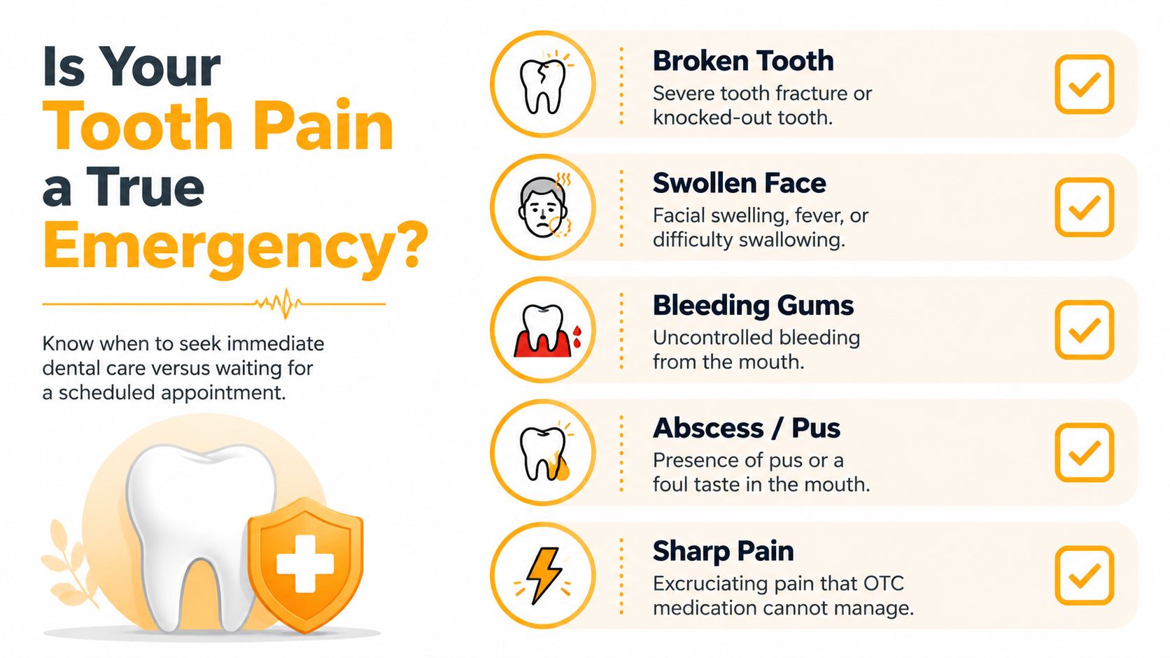 An infographic detailing symptoms that classify tooth pain as a dental emergency requiring immediate professional care.