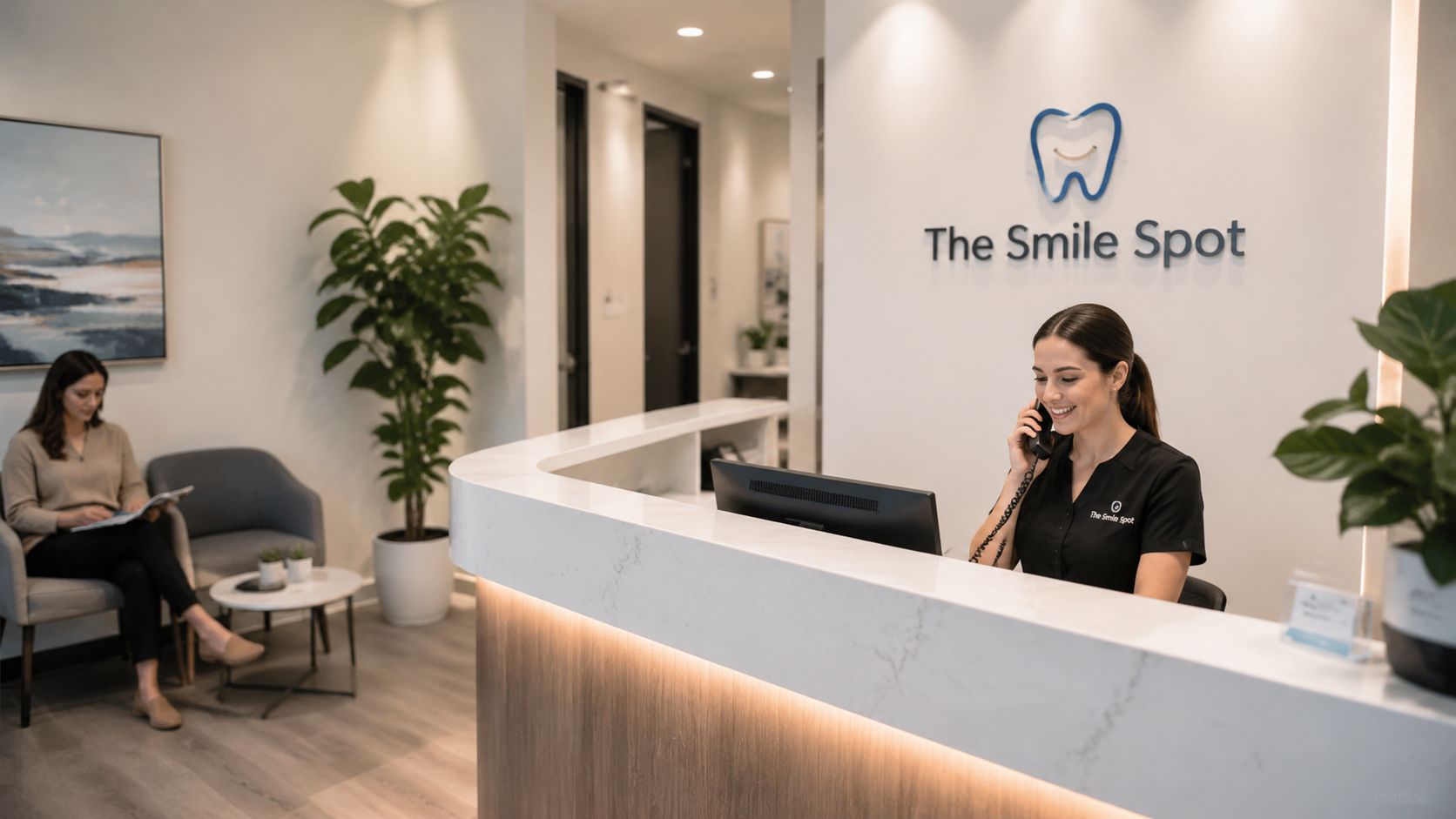 A friendly dental receptionist talks on the phone behind a modern white office reception desk.