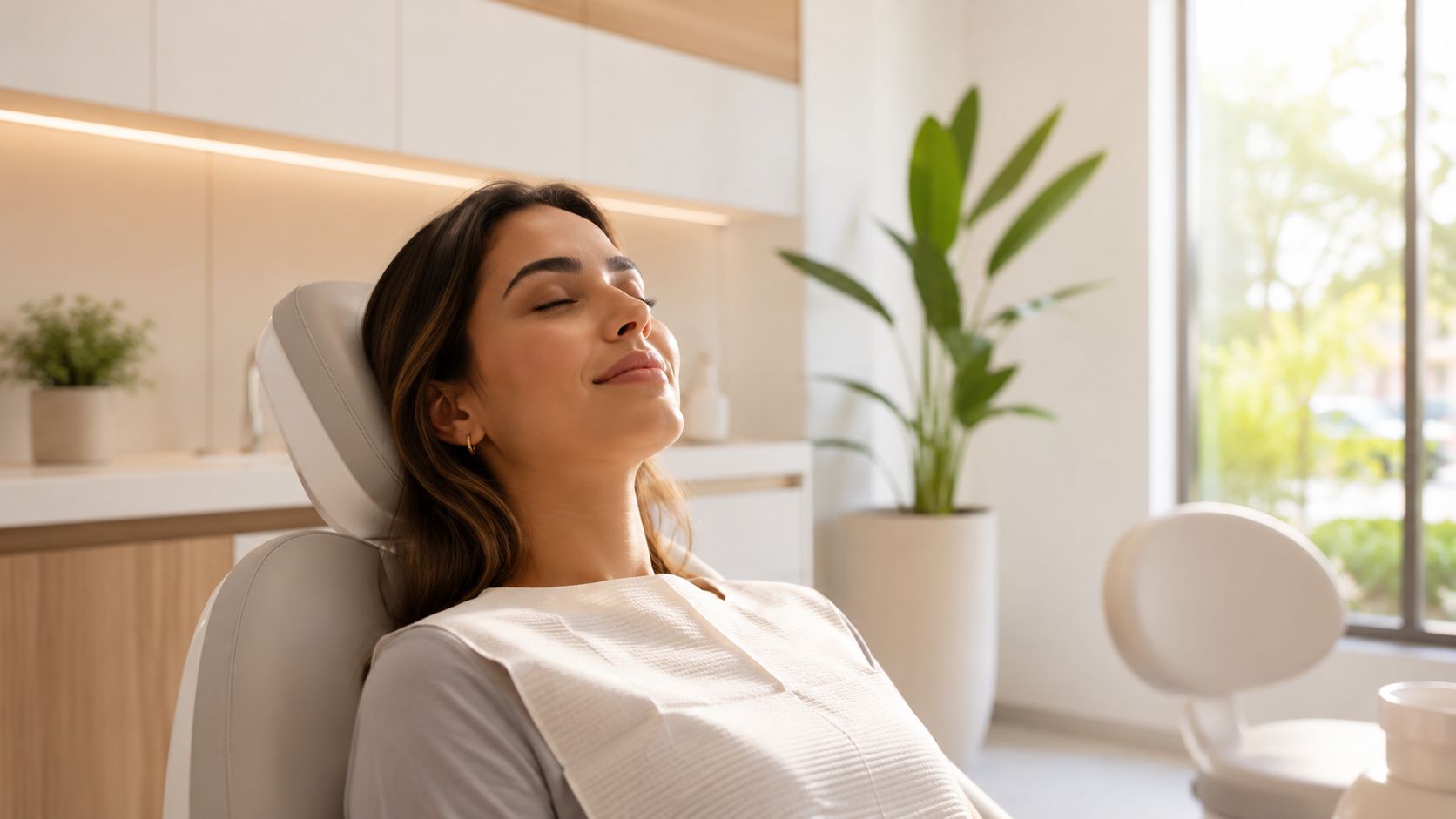 A relaxed woman with eyes closed resting comfortably in a dental chair during a treatment session.