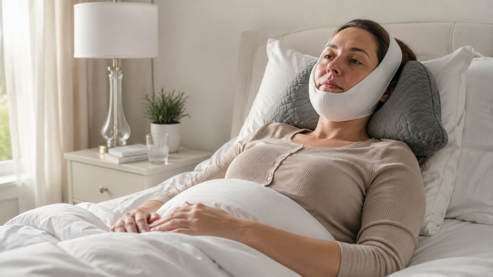 A woman resting in bed with a compression wrap around her jaw after oral surgery.
