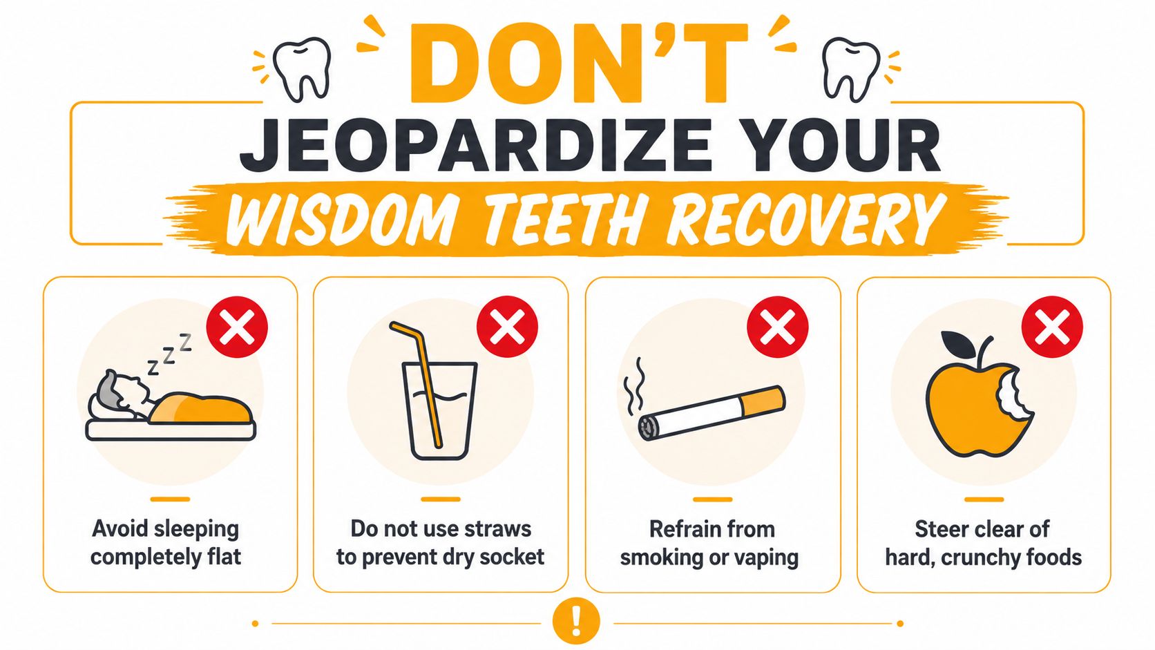An infographic showing four things to avoid for a healthy wisdom teeth recovery including flat sleeping and straws.