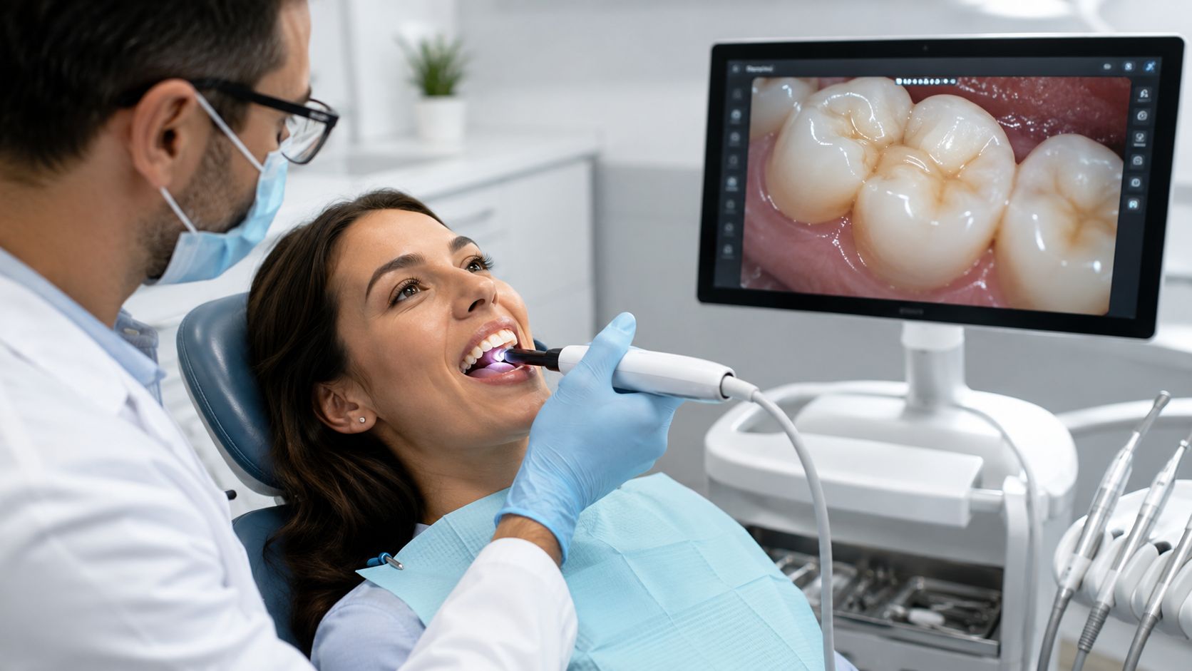 A dentist using an intraoral camera on a smiling female patient, viewing the digital images on screen.
