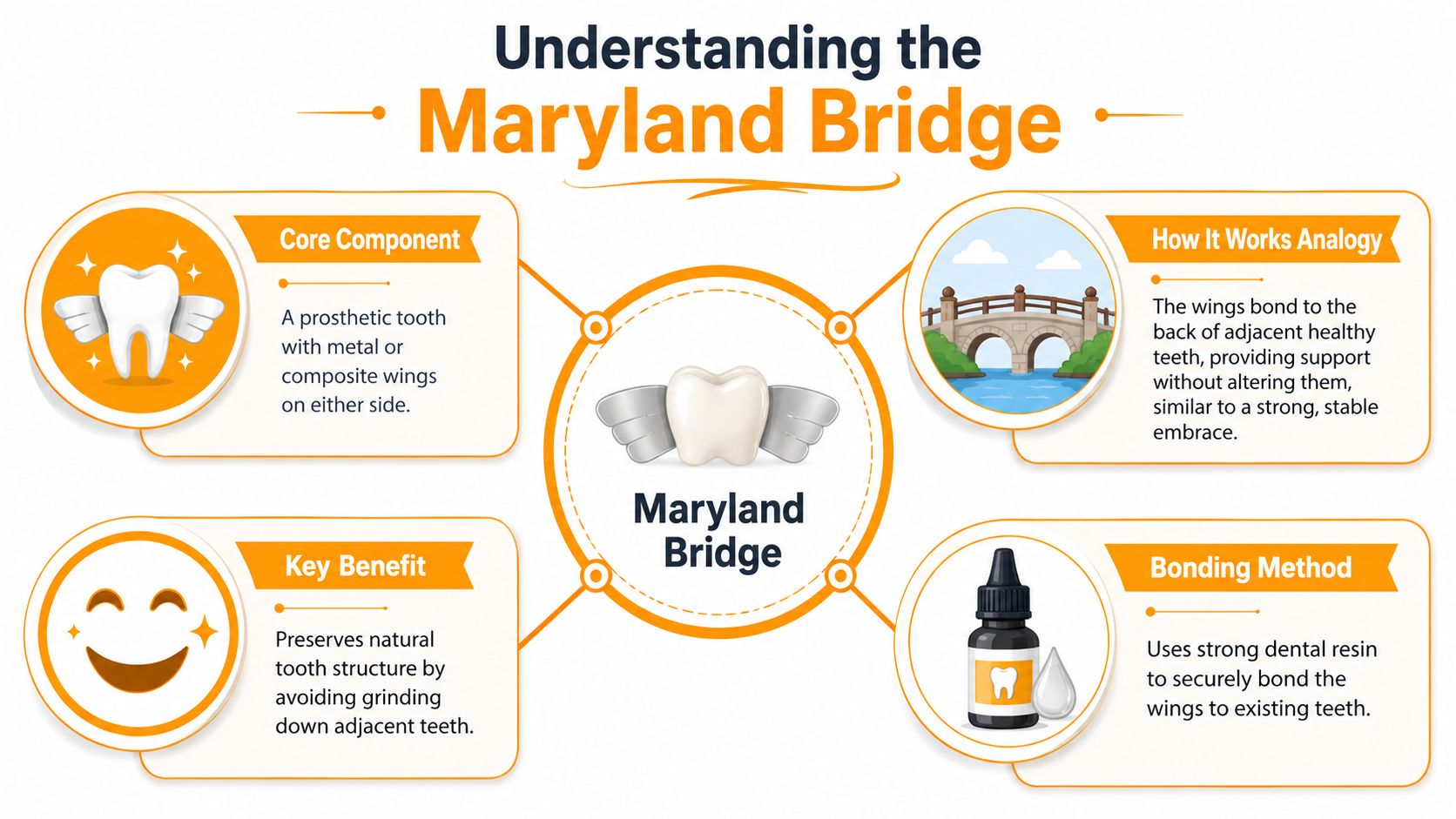 An infographic explaining a Maryland bridge, illustrating its core components, benefits, bonding method, and working analogy.