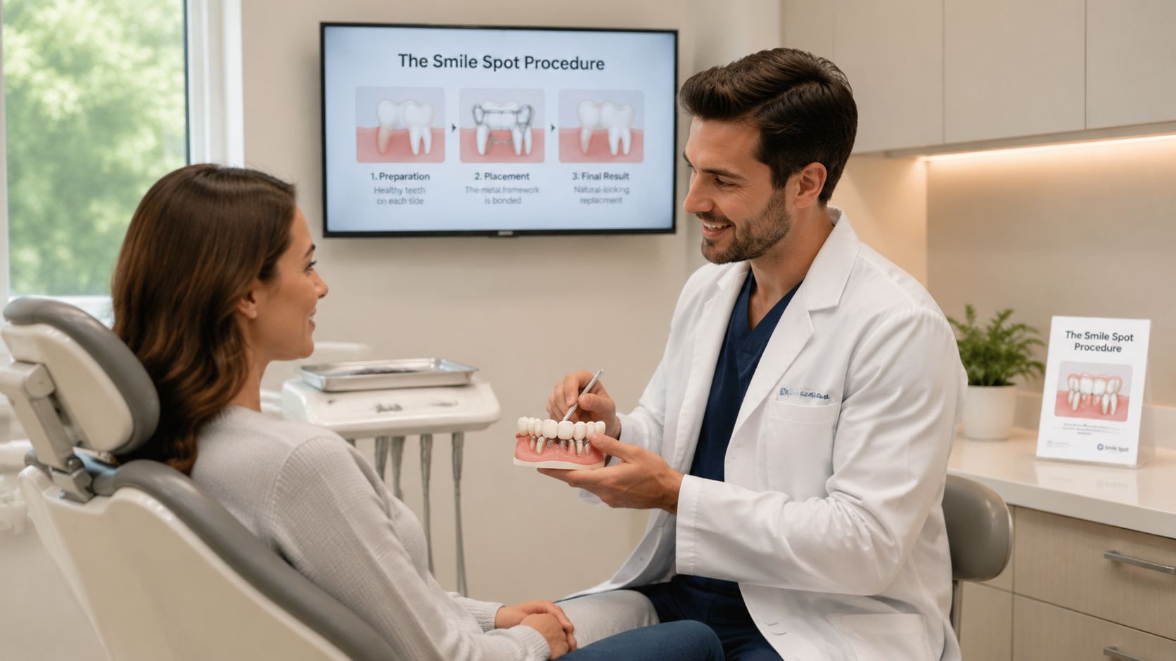 A friendly dentist explaining the Maryland bridge procedure to a patient using a dental model in clinic.