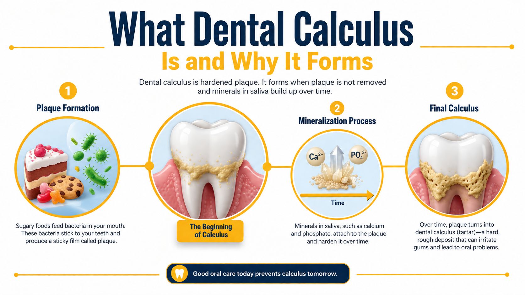 An infographic showing the three-step formation process of dental calculus starting from plaque to hardened tartar deposits.