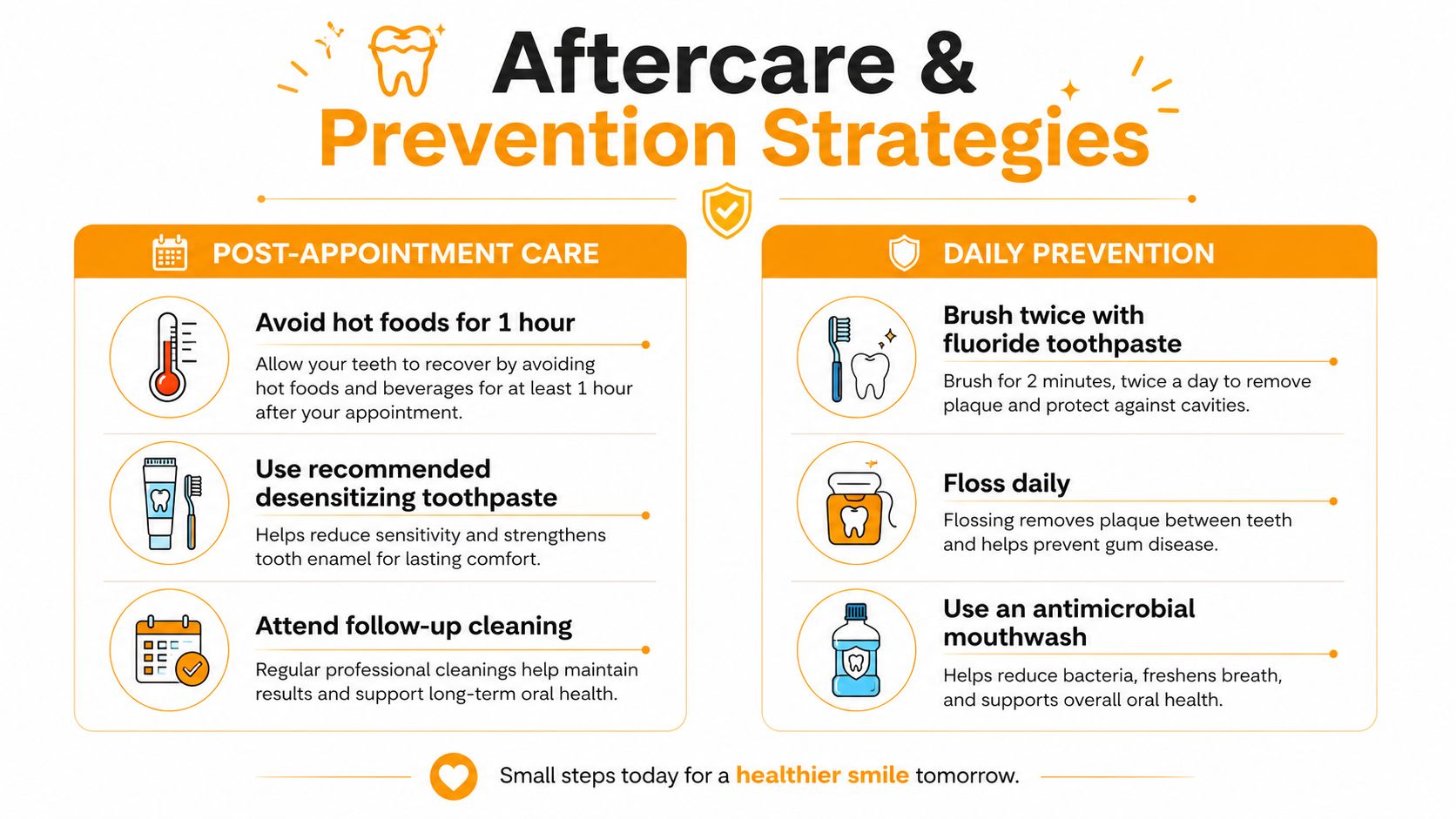 A professional infographic outlining dental post-appointment care tips and essential daily oral hygiene prevention strategies.