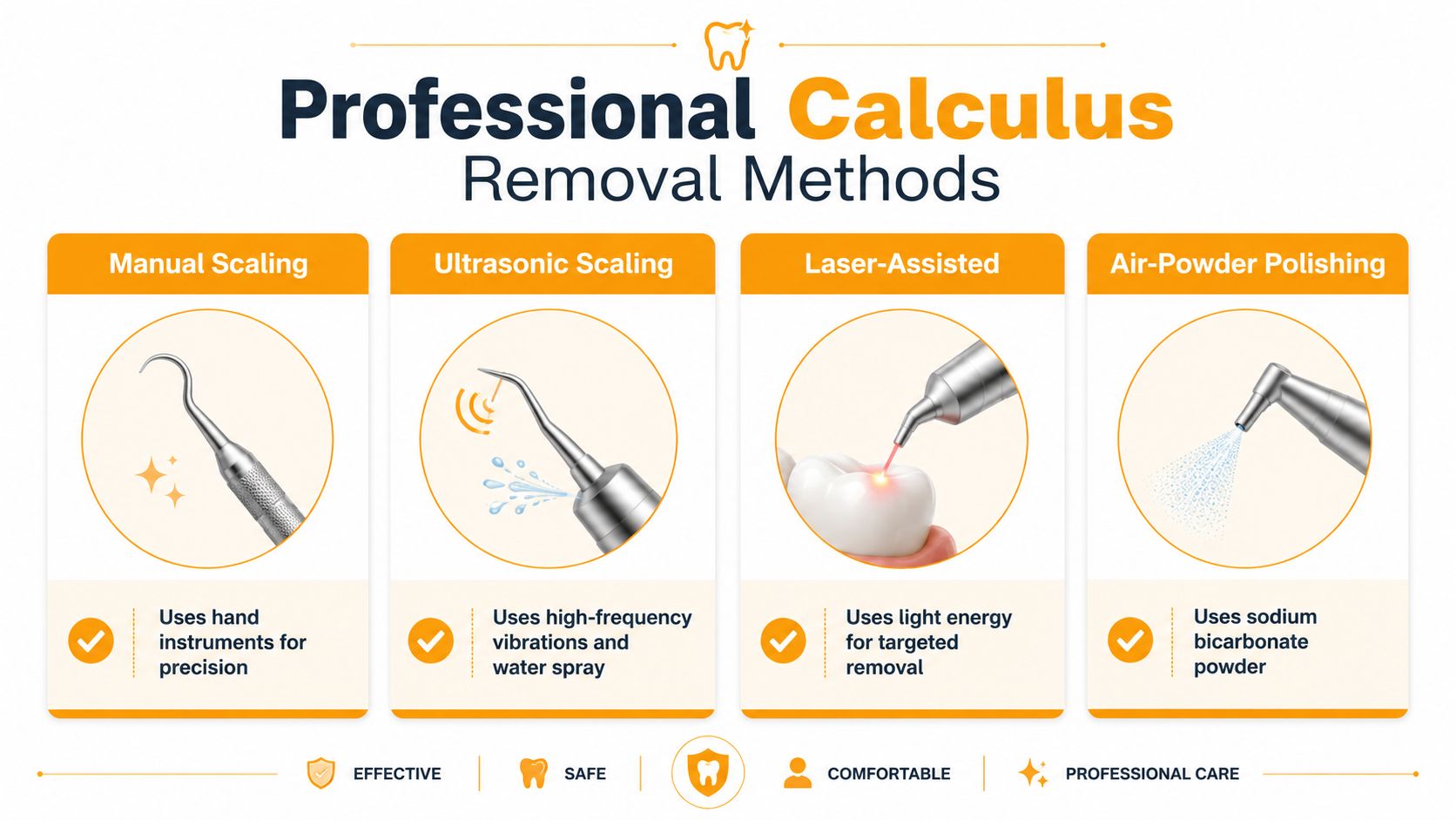 A professional infographic illustrating four common calculus removal methods used in dental clinics for oral hygiene.