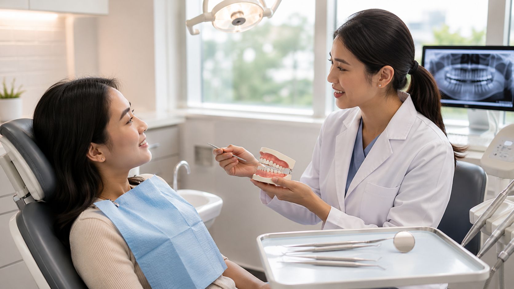 A friendly dentist explaining dental care procedures to a female patient using a model of teeth.